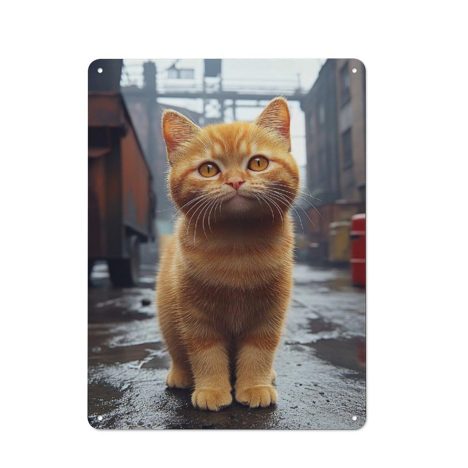Junmoney Style-12 Retro-Style Tin Sign 40X30cm Featuring Ginger Cat In Urban Setting For Hallway Wall, For Garage, Workshop And Man Cave Decoration