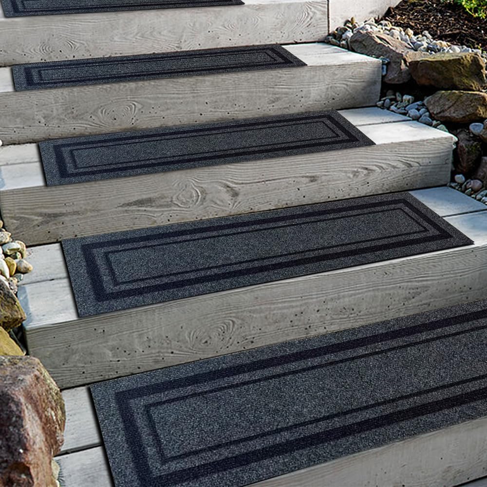 Aucuda 6pcs 8.5" x 30" Stair Treads Outdoor for Elders and Dogs on Wooden Steps Spring, Non Slip Stair Runner Rug Heat Insulation Rubber Backing, Frame Staircase Mat Carpet for Indoor Grip Farmhouse.