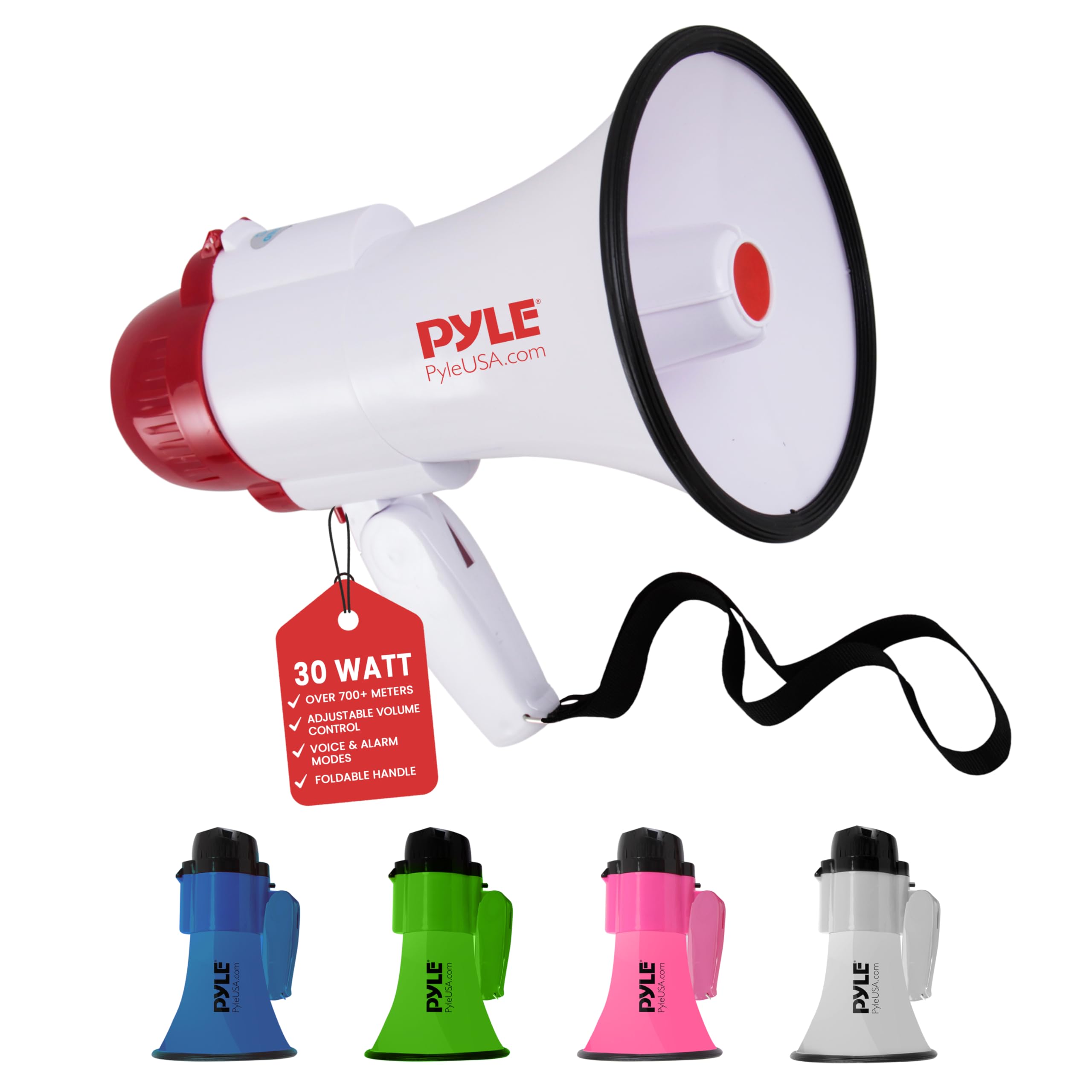 Pyle30W Megaphone Speaker with Microphone, Loud Bullhorn Megaphones with Siren & Adjustable Volume