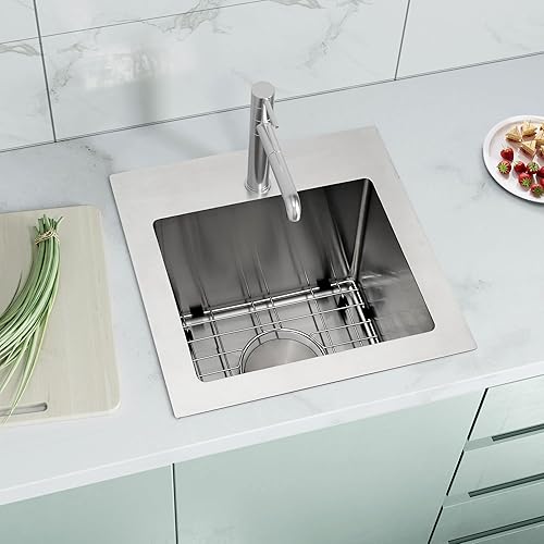 MILOSEN Fregadero de barra de 15 x 17 pulgadas, fregadero de acero inoxidable T304, fregaderos de cocina pequeños con accesorios personalizados,