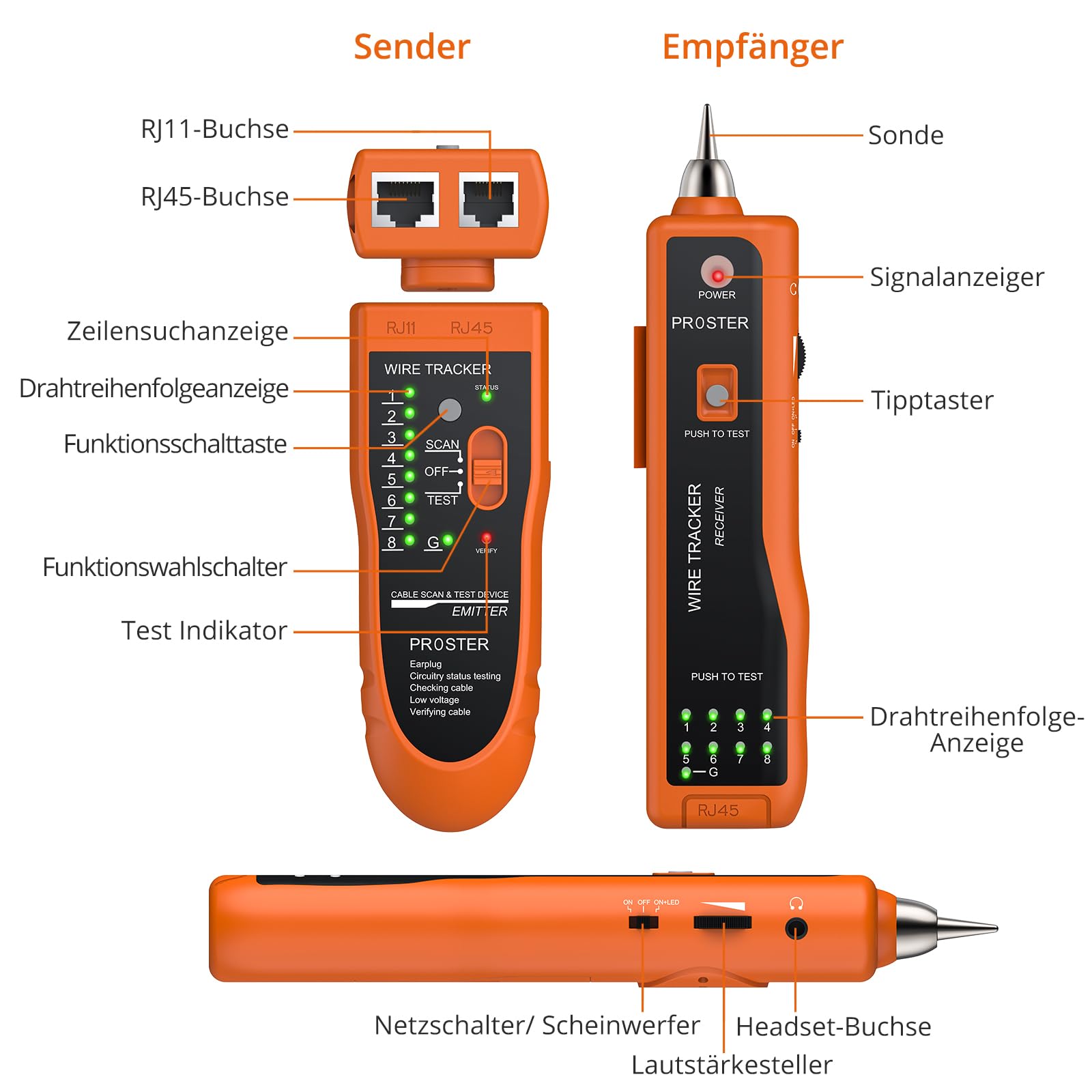 Proster Netzwerkkabel Wire Tracker XQ 350 mit Kopfhörer Hochempfindlicher Handheld Telefonkabeltester Wire Tracker für LAN Ethernet BNC RJ45 RJ11 Tester -Orange