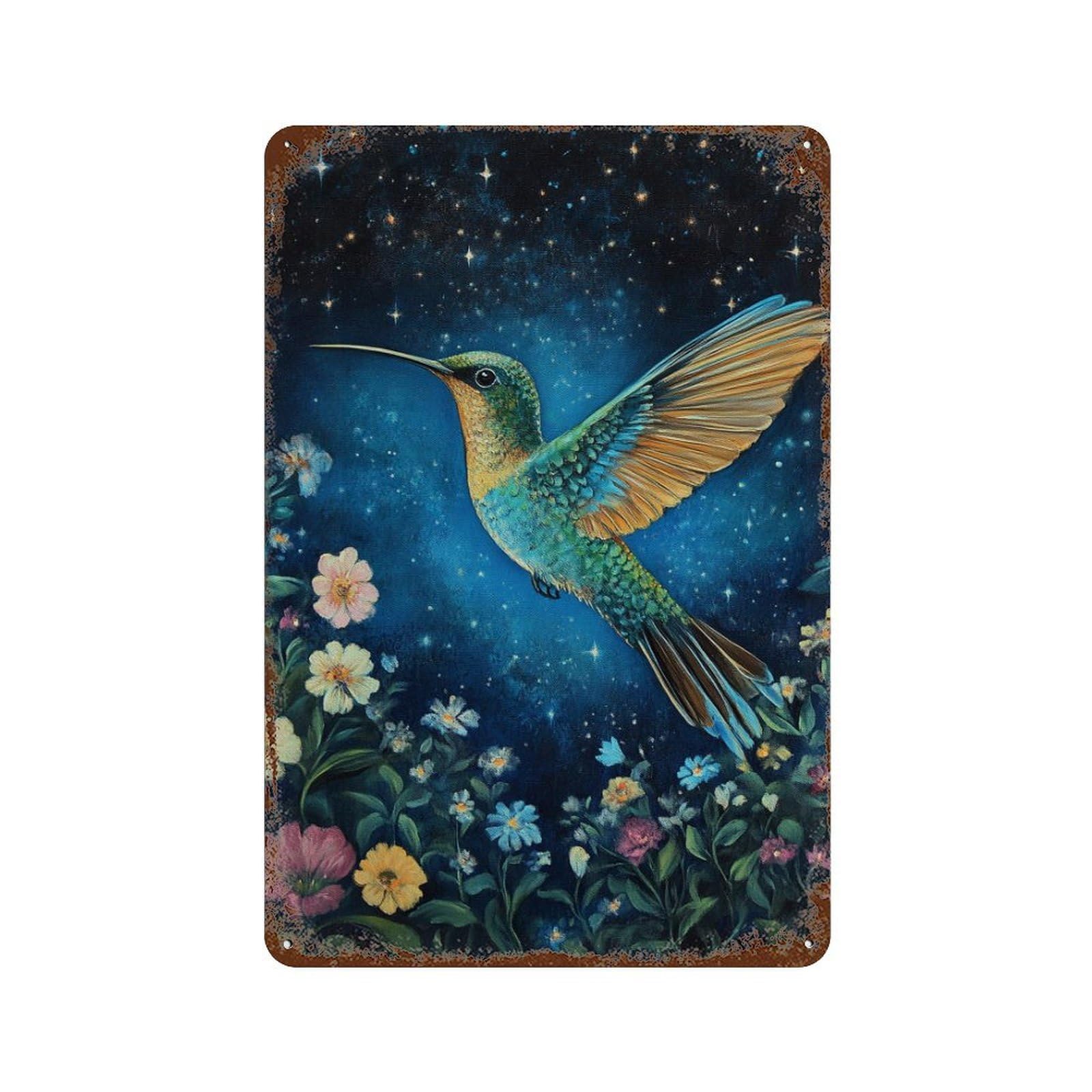 Vintage Rust Metal Sign with Hummingbird Garden Night Sky Design 11.8"x7.9", for Office, Studio And Wall Decor, Farmhouse Wall Decor
