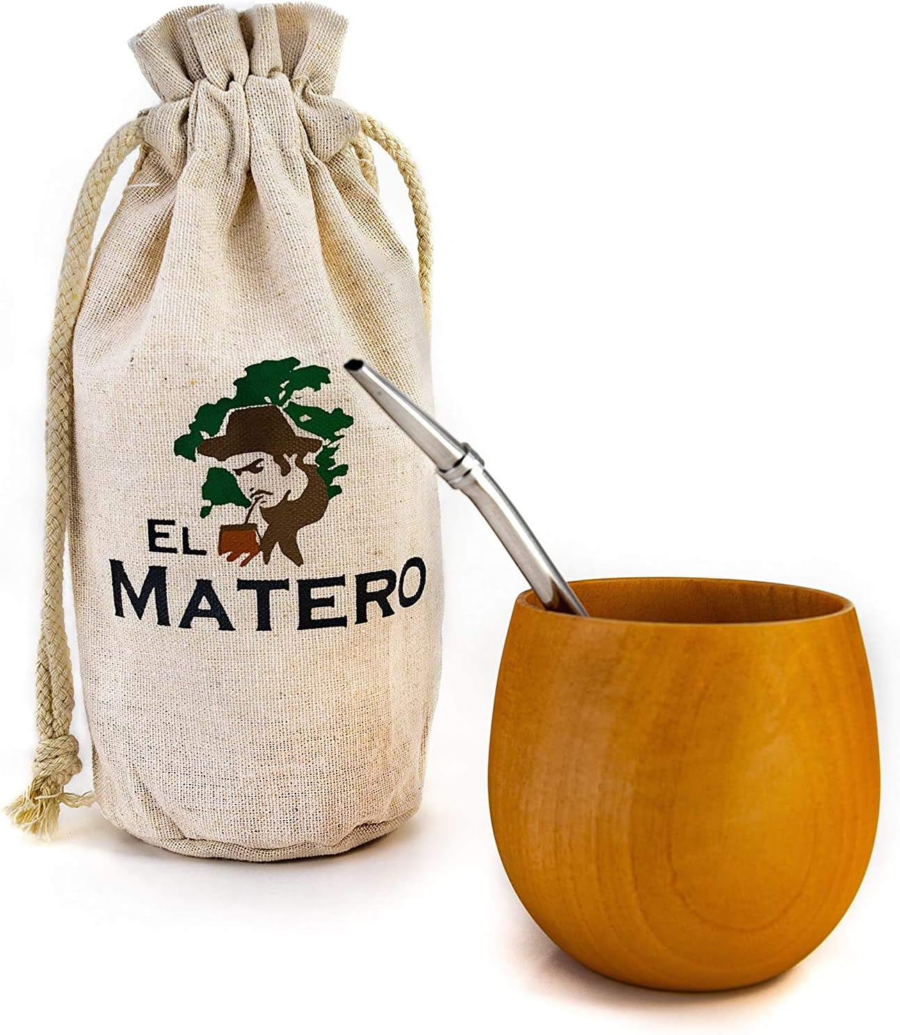 Easy-Clean, Jujube Wood Mate Gourd with Stainless Steal Bombilla (Yerba Mate Straw/Filter), Set includes Jute Travel Pouch
