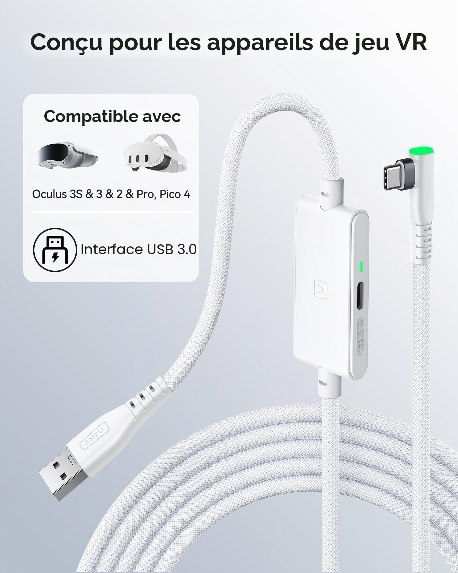 INIU Câble de liaison VR de qualité supérieure avec chargement, USB 3.0 compatible avec Meta Quest 3s, Oculus Quest 3/2/Pro, Pico 4, PC VR et Steam VR – Accessoire VR blanc parfait, choix de cadeau