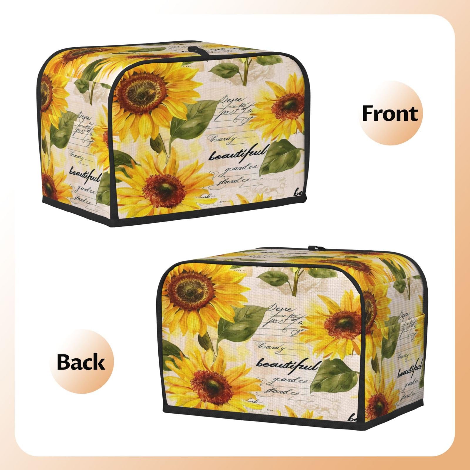 Cubierta retro para tostadora de girasoles florales de 2 rebanadas, ranura ancha, a prueba de polvo, impermeable, con lazo para colgar, protector de tostadora de panadería 3