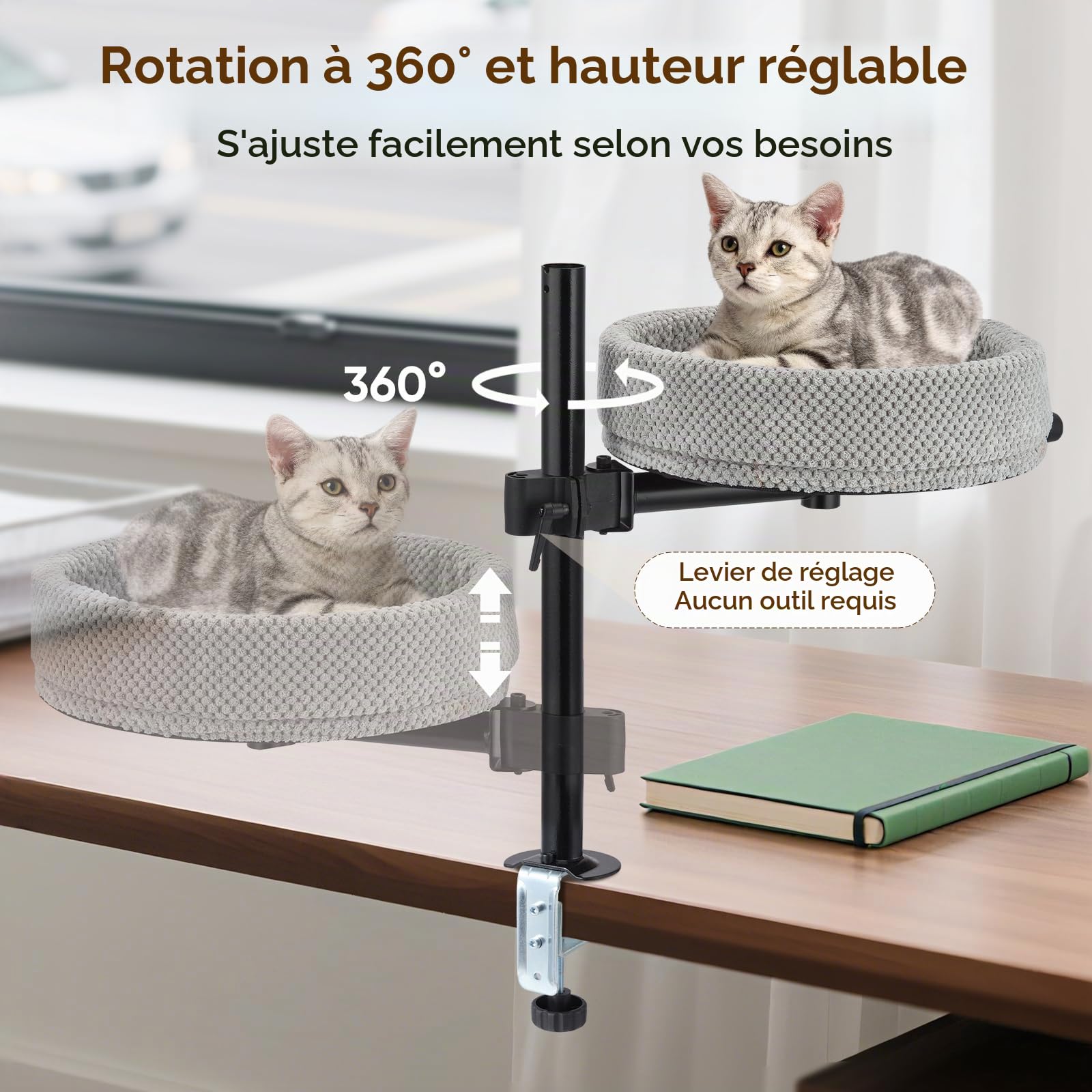 Lit pour Chat pour Bureau – Rotatif à 360°, Anti-pincement et Peu encombrant, Motif Ananas (XL, Gris foncé)