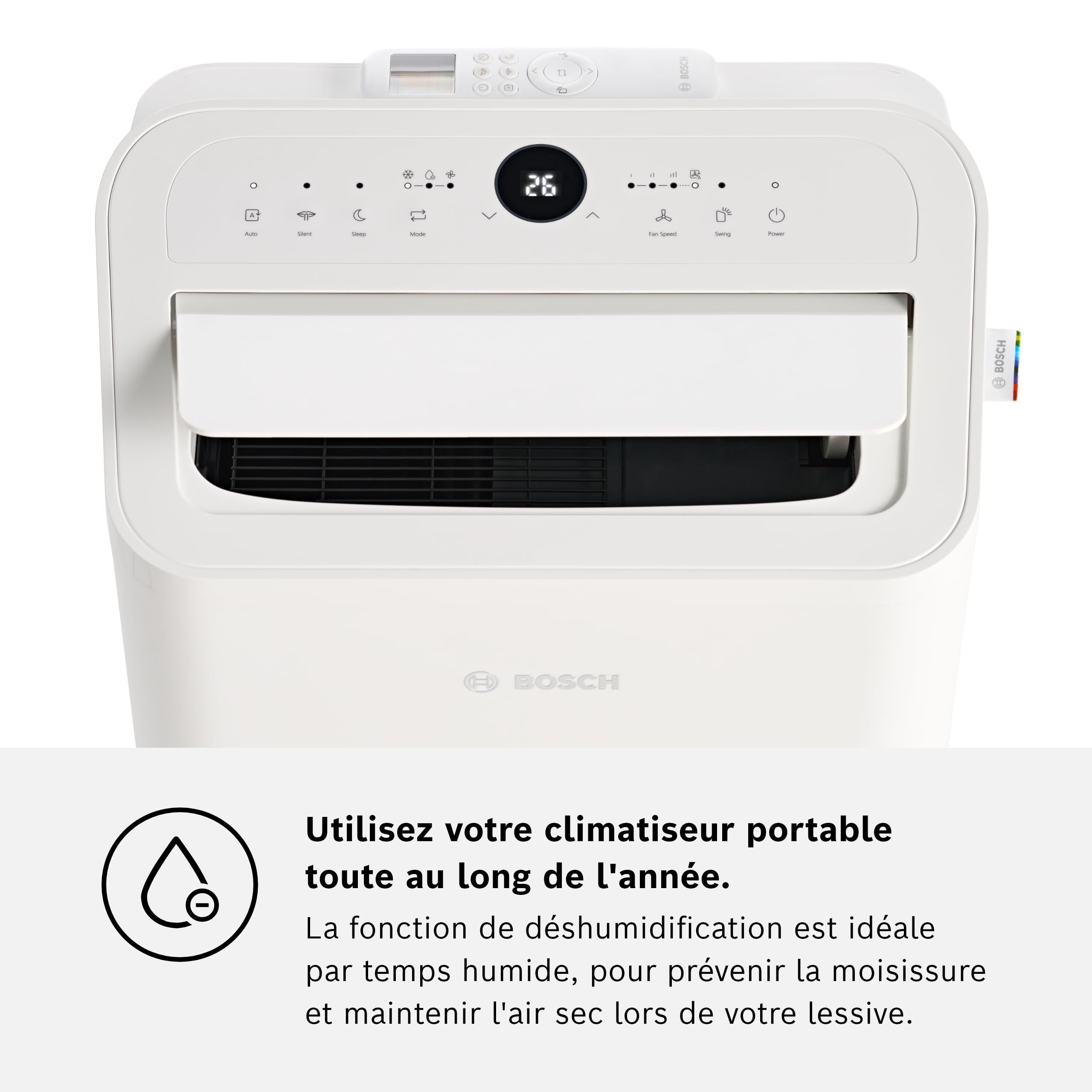 Bosch Cool 2000 Portable AC - 3 en 1 Climatiseur, Déshumidificateur, Ventilateur - 2,6 kW pour les pièces jusqu'à 35m² - Avec Mode Auto, Mode Silencieux et Mode Veille (46 db (A)) [Classe A]