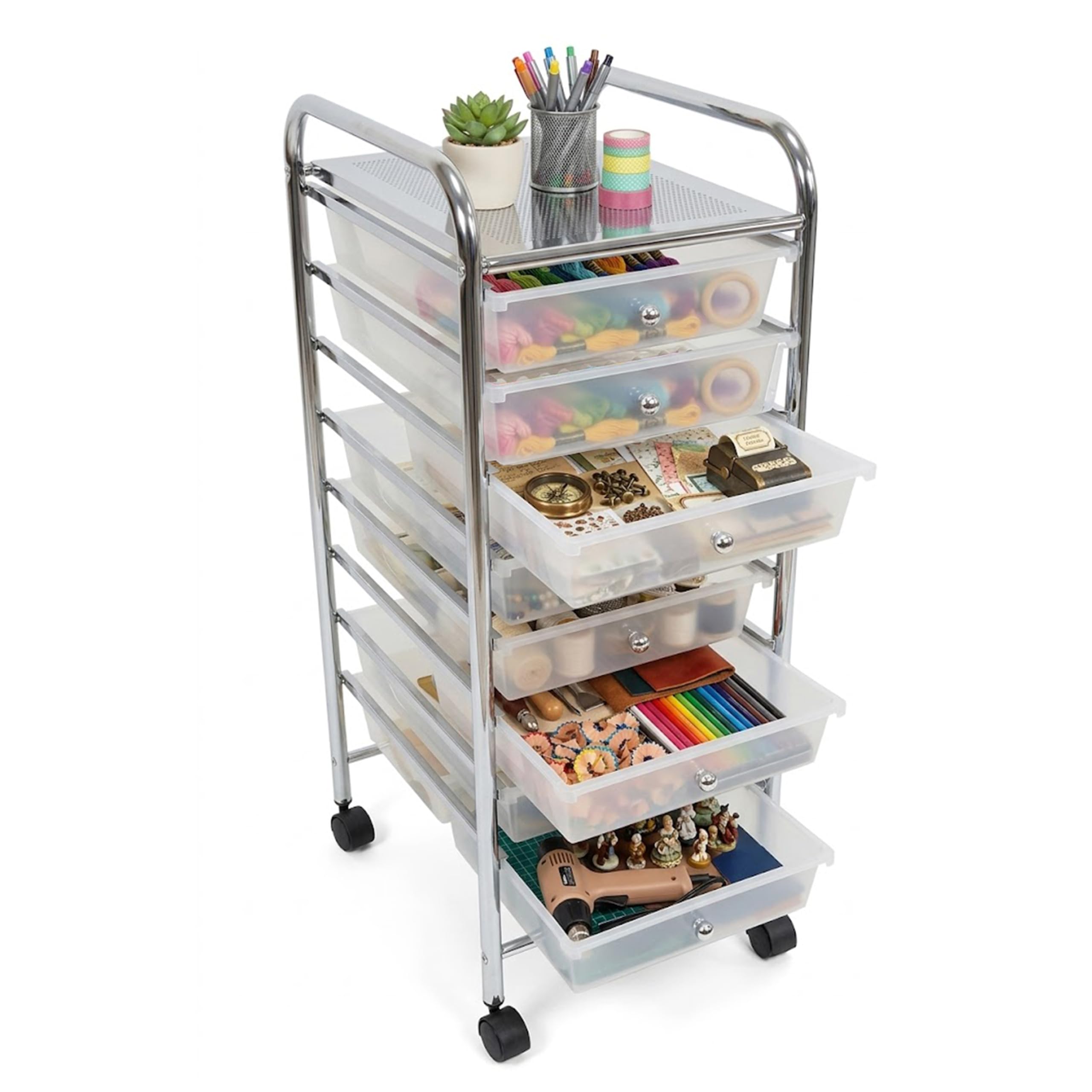 Premier Housewares Plastic Storage Drawers / 8 Drawers / Storage Trolley on Wheels / Multipurpose / Storage Drawers - White