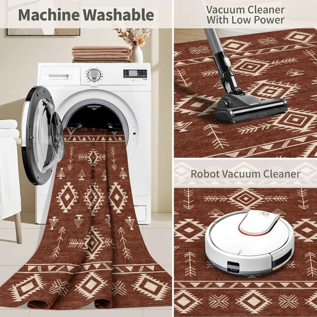 5x7 Area Rug Southwestern Tribal Geometric Rug with Non Slip Backing, Washable Low Pile Red Brown Cream Carpet for Bedroom, Living Room, Dining Room, Home Office
