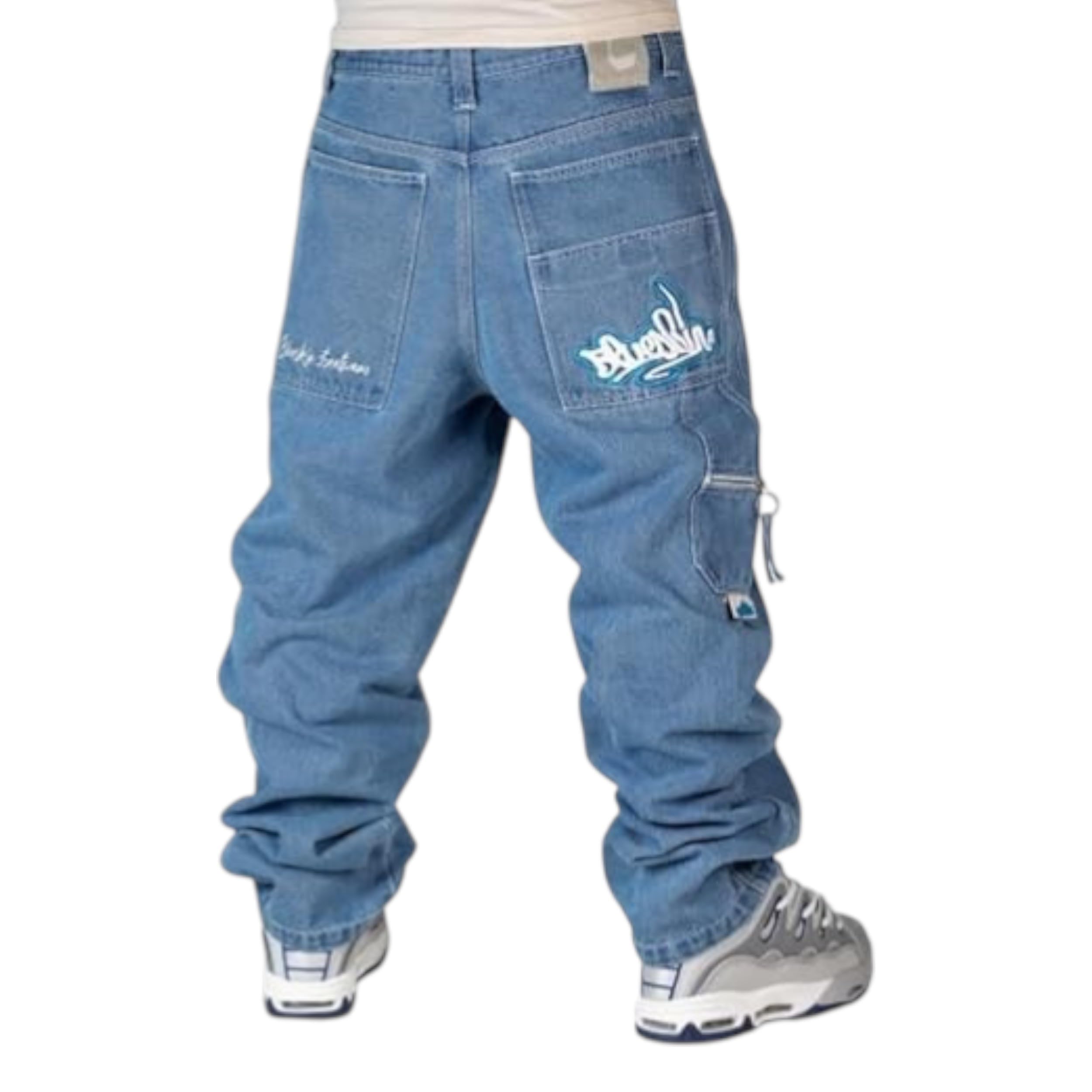 Jeans Baggy Uomo Blueskin Wareko, vestibilità Baggy Regular, 100% Cotone Made in Italy, Denim Azzurro Stone Bleached Streetwear Skate Hip Hop, Zip