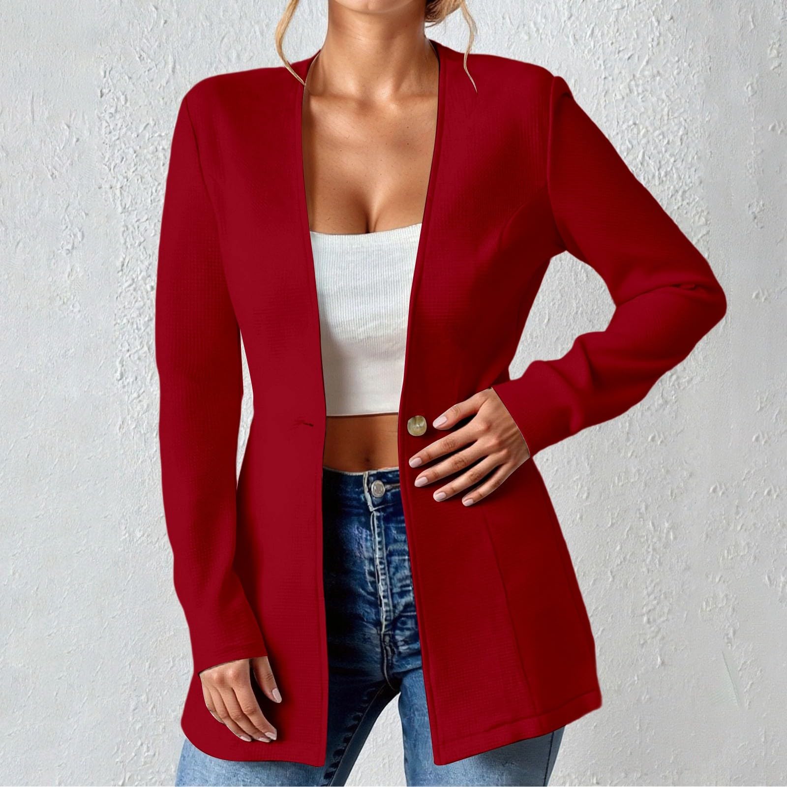 Generisch Chaqueta de manga larga con solapa de color liso para negocios casual (rojo, XXL)