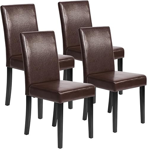 Sillas de comedor de estilo urbano, de piel y con patas de madera maciza, 61 cm , 4, Marrón (Leather Brown)