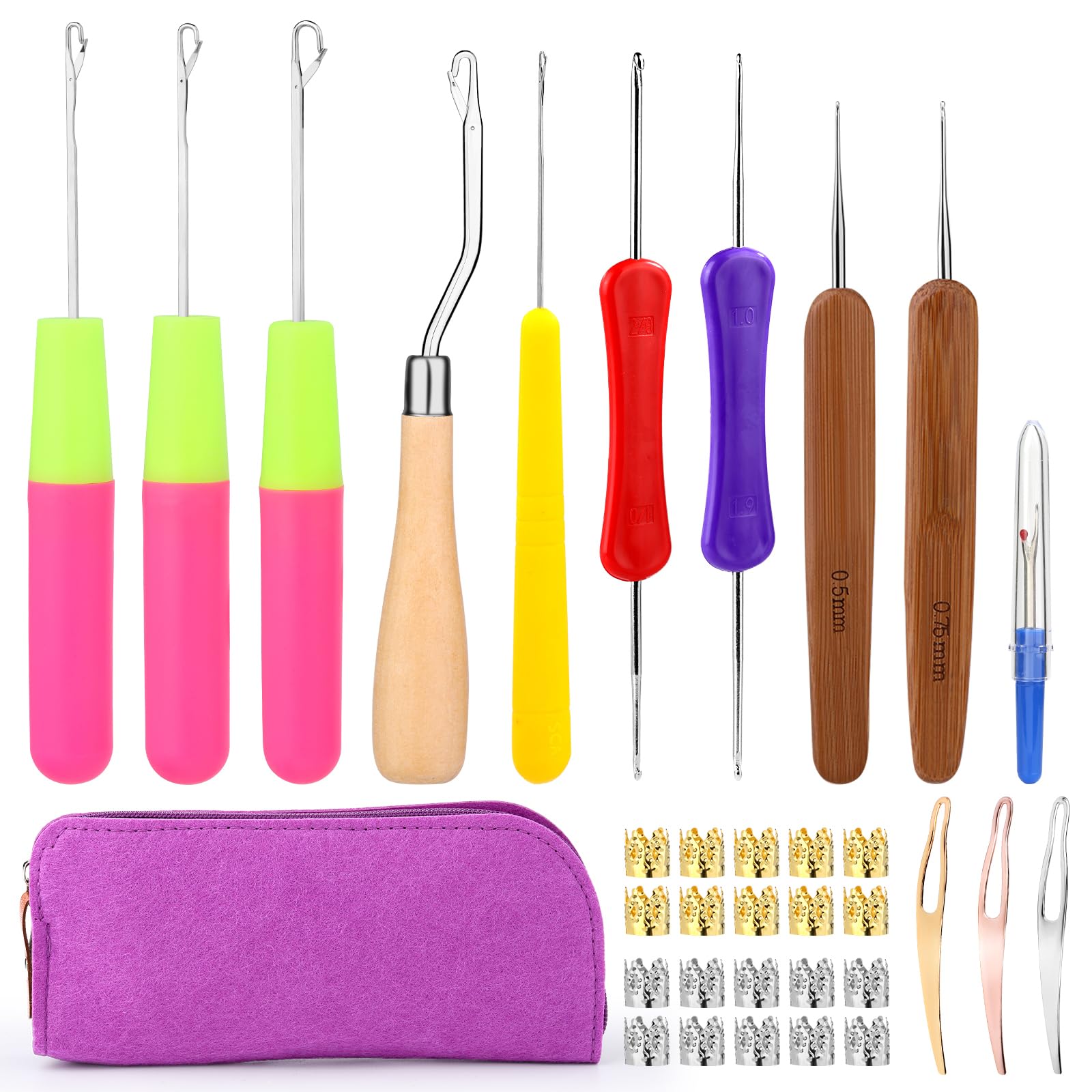 Dreadlock Crochet Hook, 3 Sizes Latch Hook Tool and 2pcs Bamboo Handle Locs Crochet Needle(0.5mm+0.75mm) and Wooden Bent Latch Hooks, Crochet Needle for Hair Braiding with Case and Dreadlocks Tool