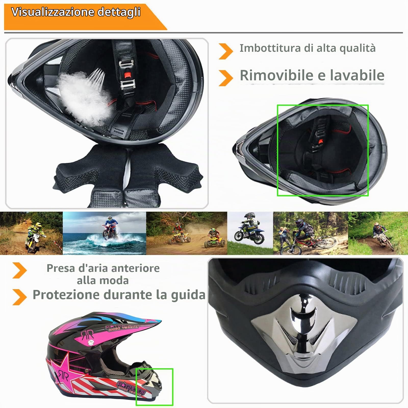 Casco Motocross MX Enduro Downhill ATV Casco Integrale con Occhiali Guanti Face Mask Rete del Casco - Certificato ECE Bambini E Adulti, (52-59CM),Pink-M