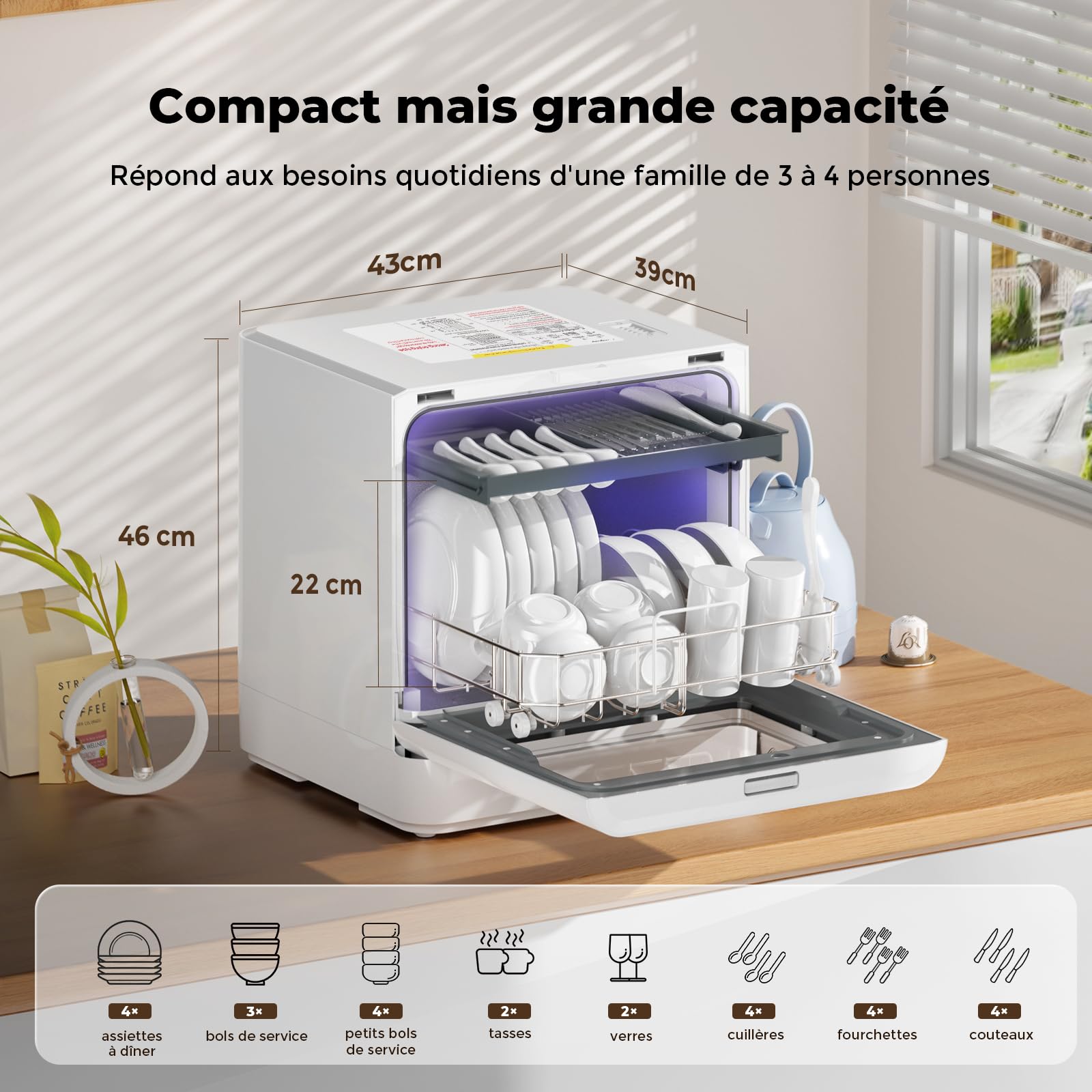 IsEasy Mini Lave-Vaisselle de Table Comptoir, Lave-Vaisselle Compact Portable, 5 Programmes, Affichage à LED, Lavage des Fruits, Deux Modes D'alimentation en Eau