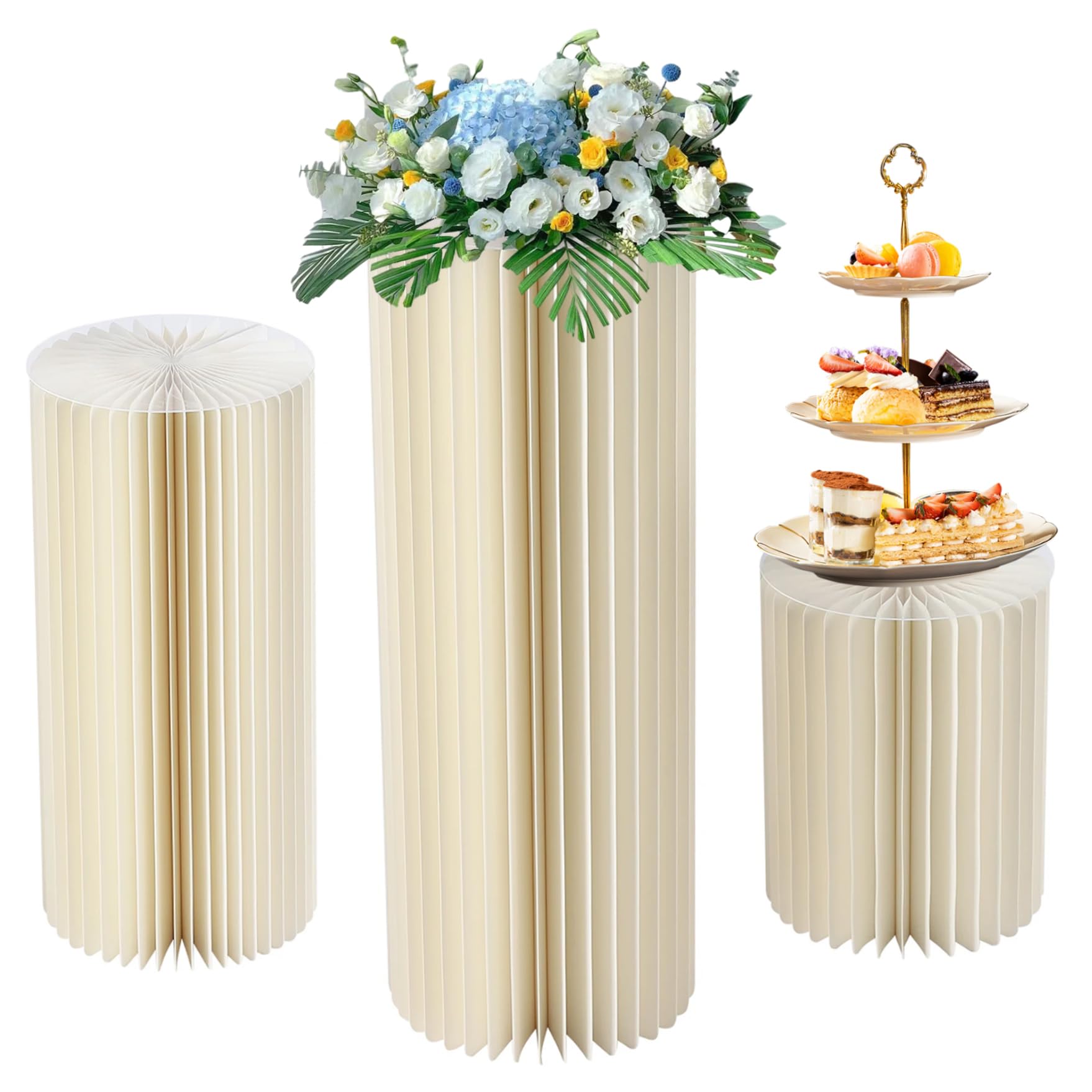 3 Pcs Cylinder Pedestal Stand Elegant White Cardboard Cylinder Stands Foldable Reusable Wedding Dessert Cake Stand with Acrylic Lid ideal for Home Anniversary Christmas Displays 11/15/19 In Dia.