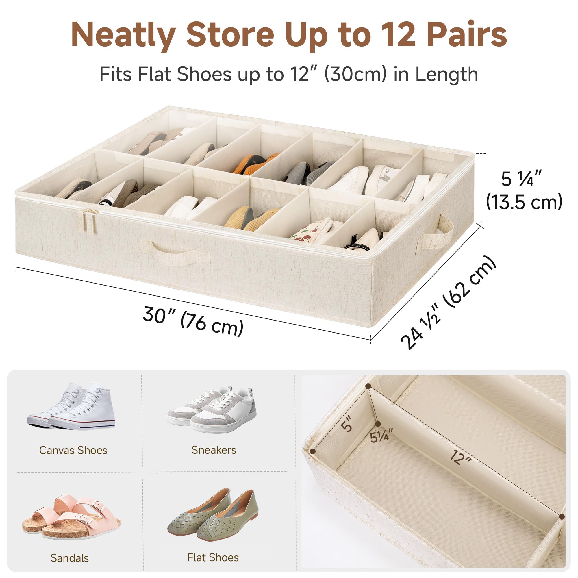 StorageWorks Organizer per scarpe per armadio, può contenere fino a 24 paia, confezione da 2 contenitori per scarpe in tessuto ultra spesso sotto il letto, con supporto inferiore e divisori regolabili