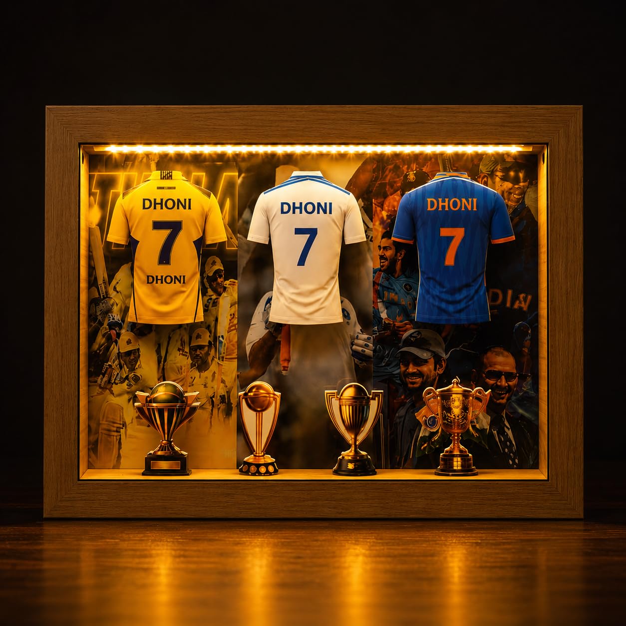 Miniature Jersey Shadow Box with LED Light | Sports Theme MDF Display Frame with UV Print & Trophy Design | Cricket Fan Room Decor for Study Table, Gaming Setup & Shelf | 9 x 7 Inch-image-32