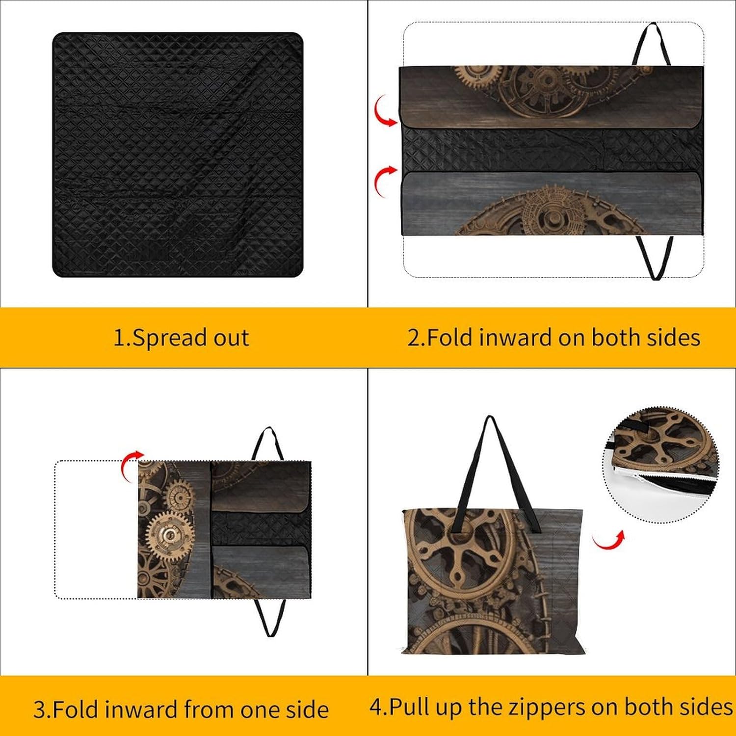 Steampunk Gears Clock Picnic Blanket 150x150cm, Foldable 2-in-1 Picnic Mat and Tote Bag Portable Waterproof Beach Mat Sandproof Outdoor Blanket for Park, Hiking, Beach, Camping, Travel
