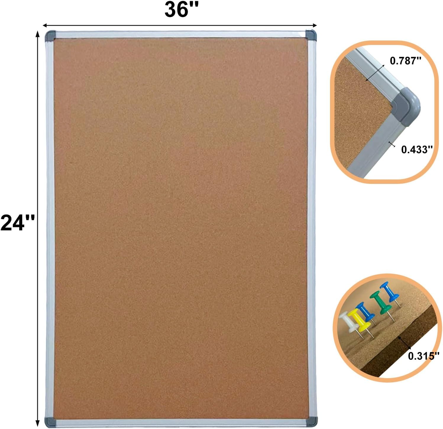24 x 36 Inch Cork Board Bulletin Board, Large Wall Mounted Notice Board with Silver Aluminum Frame Corkboard with Pins, Horizontal or Vertical Display for Office, Home & School