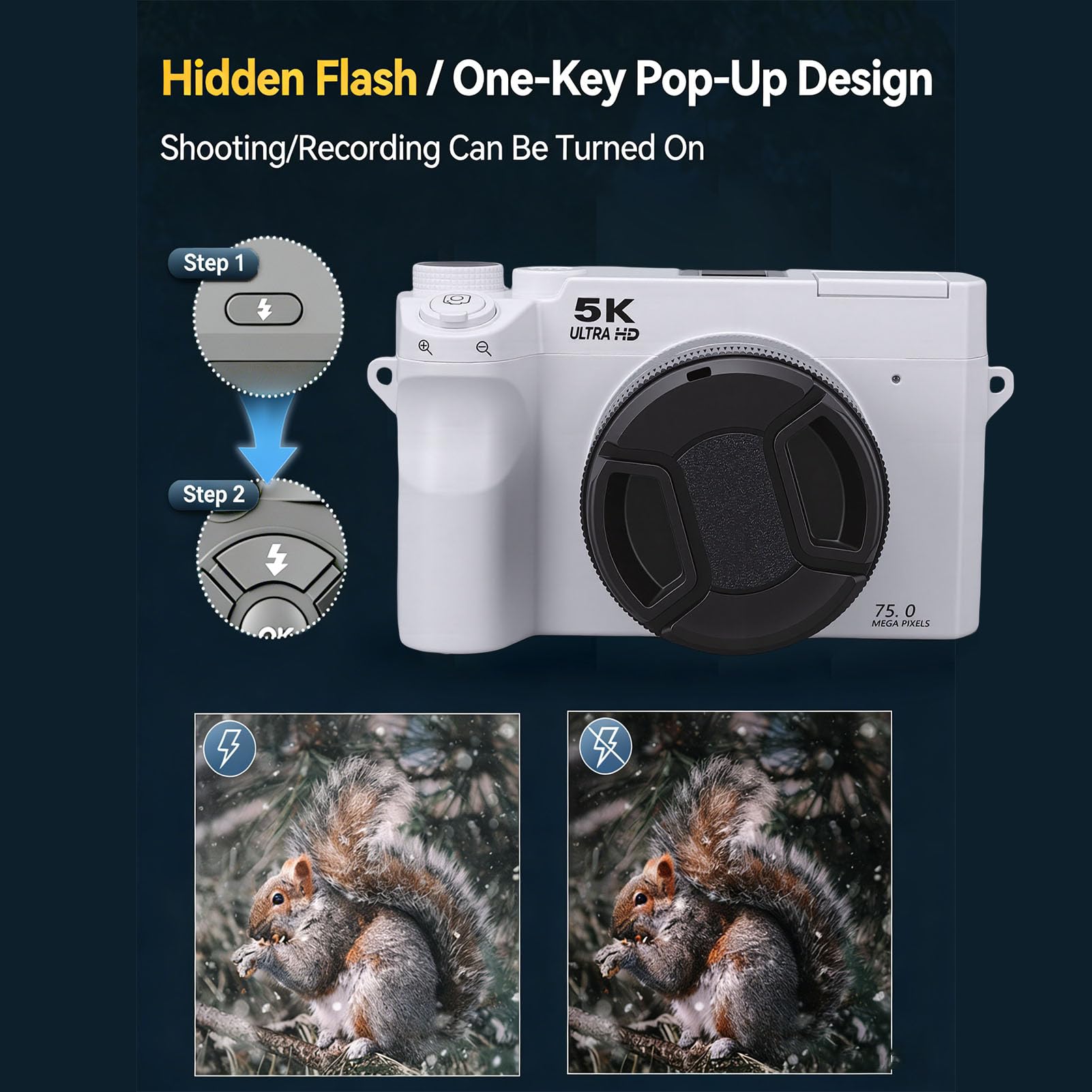Jectse Fotocamera Digitale 5K per Fotografia con WiFi, Fotocamera per Vlogging Ultra HD da 75 MP con Schermo Ribaltabile a 180° da 3 Pollici, Compatta con Messa a Fuoco (White)