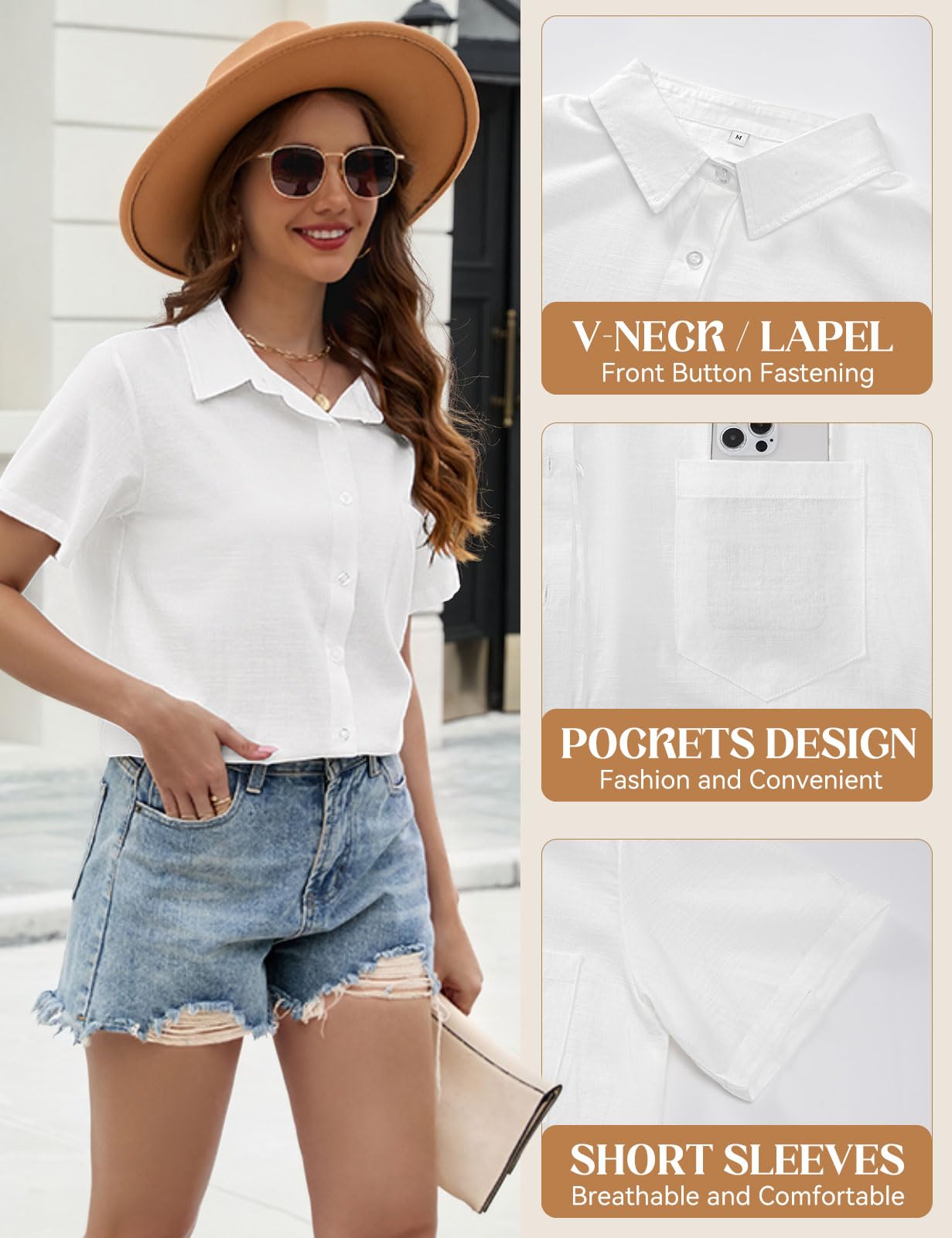 Blusas Mujer Verano Camisas Manga Corta Elegante Camisa Cuello en V Túnica Tops Casual Algodon Lino Camisetas Sueltas Blusa con Botones Color Sólido Shirts