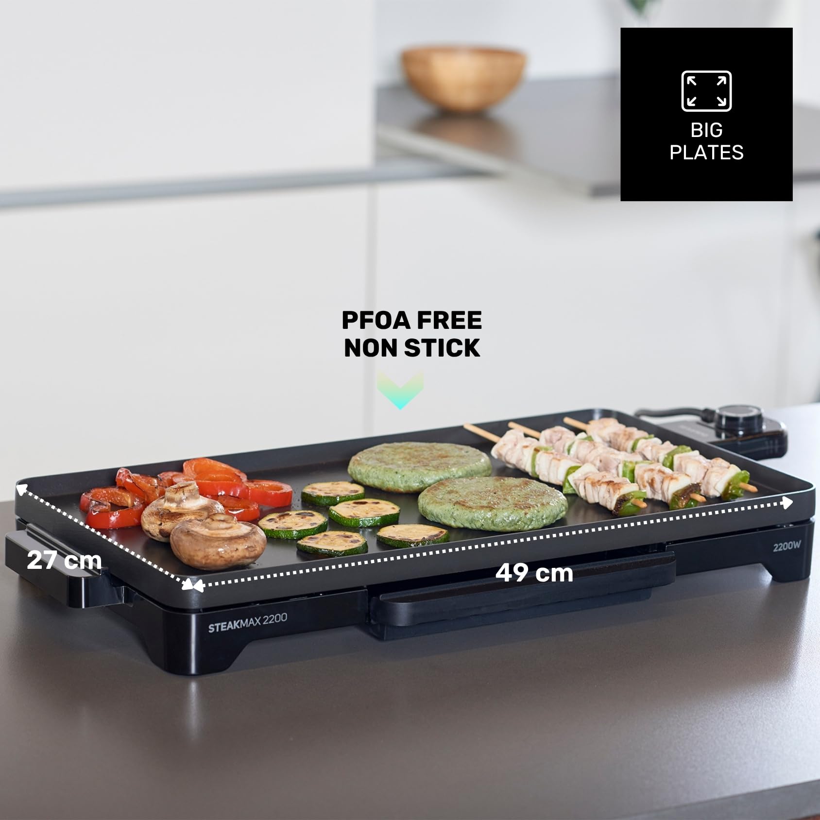Taurus Steakmax 2200 - Plancha électrique 2200W, Plaque 49x27cm, Revêtement antiadhésif, Nettoyage facile, Température réglable, Bac de récupération de graisse, Sans PFOA
