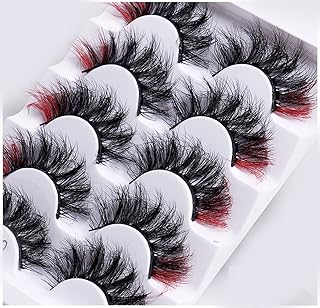 Colored Lashes, 5D False Lashes with Color Faux Mink Eyelashes Wispies Fluffy Colored Eyelashes Dramatic Strip Lashes for Christmas Cosplay Costumes Fake Eyelashes 5 Pairs Pack (Red)