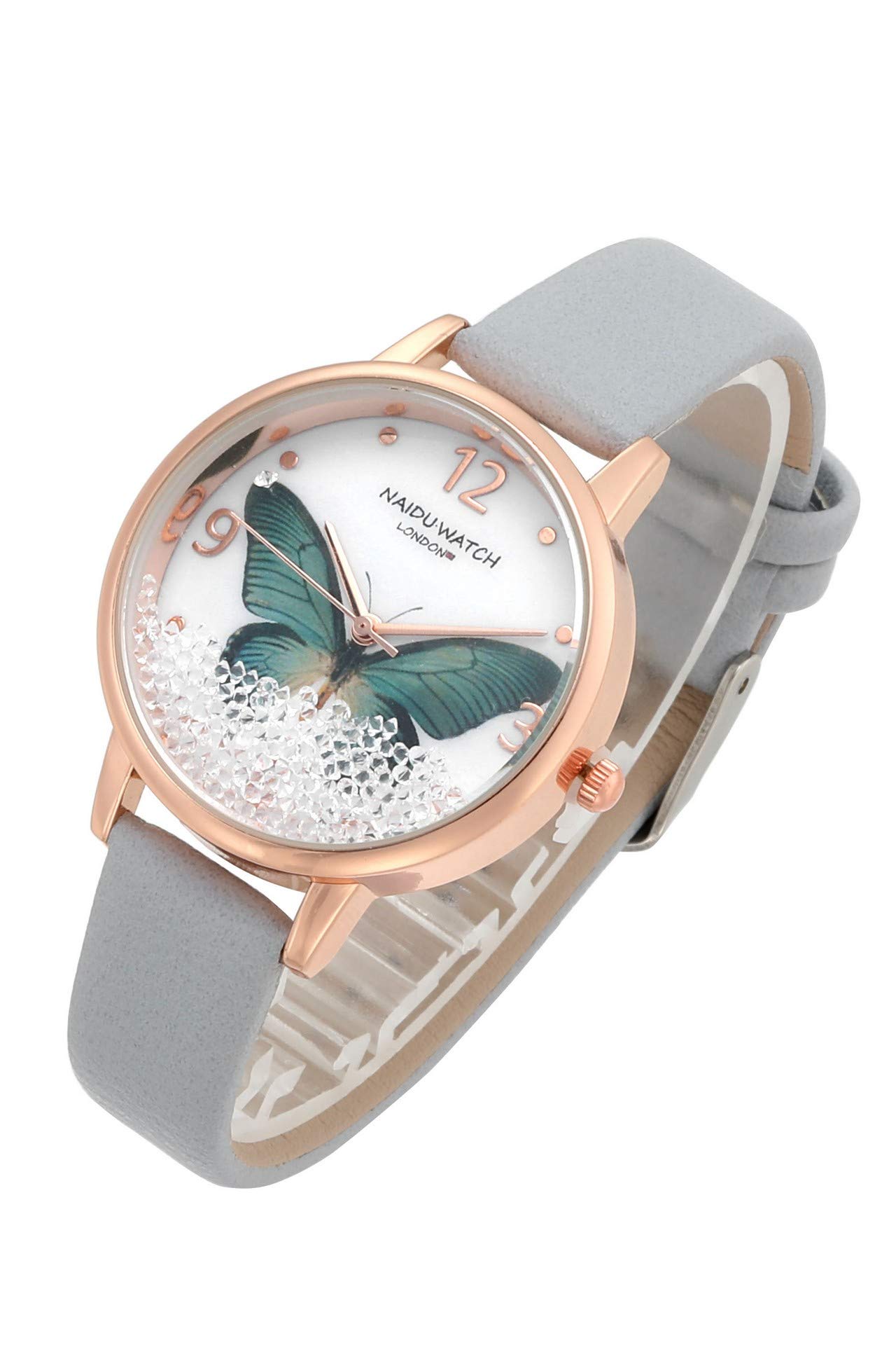 Womens Ladies Fashion Leather Wrist Watch Elegant Simple Butterfly with Floated Rhinestones Analog Quartz Dress Watch