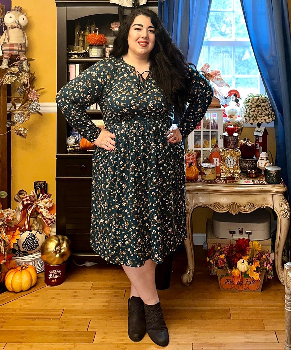 CARCOS Plus Size Dress for Women Tie V Neck Midi Dresses Long Sleeve Boho Dress Elastic High Waist Tunic Dress with Pockets - Image 6