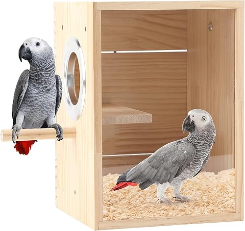 Miniatura 8 de Rypet Caja de nido de periquitos con diseño transparente, caja de cría de nido de pájaros con perca de madera para pájaros de cacatúa, agapornis,