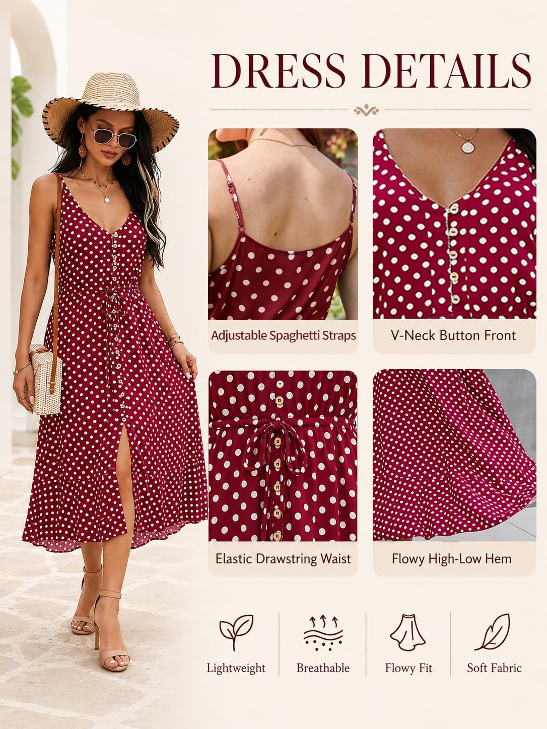 BROVAVE Women's 2026 Summer Casual Boho Sundress Polka Dot Spaghetti Strap V Neck Flowy Midi Dresses