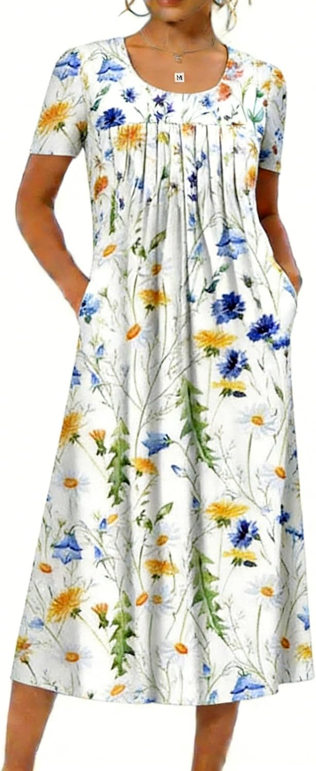 Womens Summer Midi Dress 2026 Casual Short Sleeve A Line Dress with Pockets Evening Wedding Guest Work