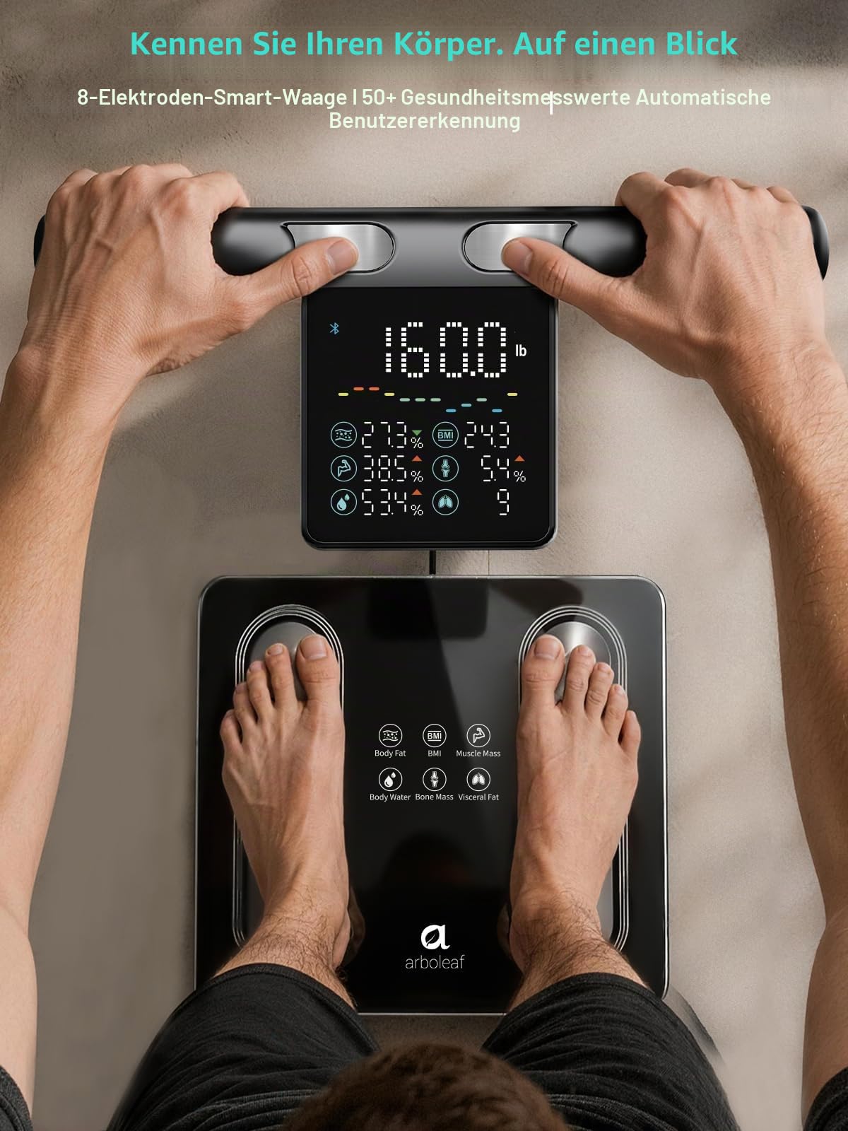 arboleaf Körperfettwaage 8 Elektrode mit Abnehmbares Display 50 Körpermaße | Körperanalysewaage mit Handsensoren & App, Smart Waage für Körperfett, Muskelmasse, BMI bis zu 180kg/400 lbs, CS10P