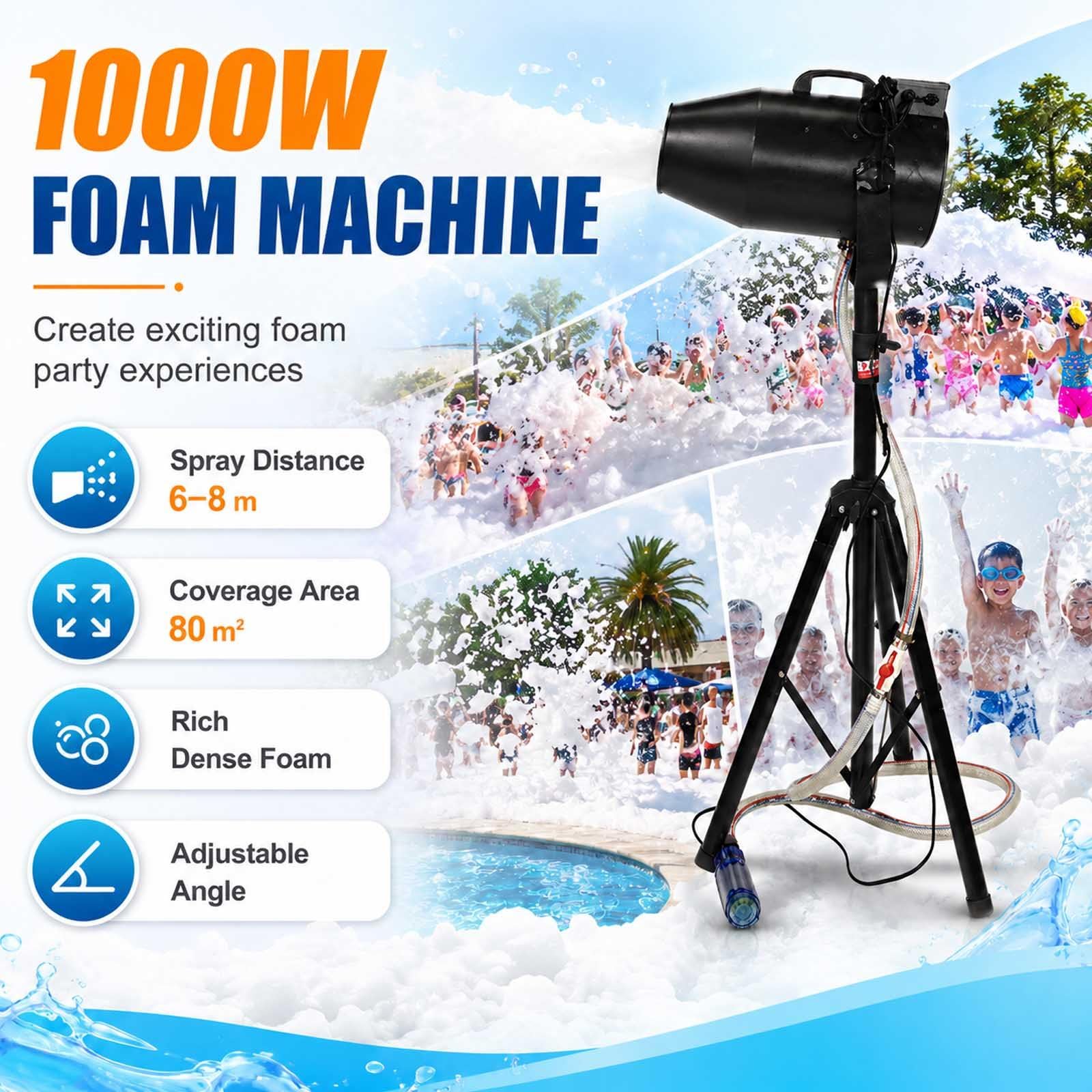 Máquina De Espuma 1000w, Cañón De Espuma Grande para Fiestas con Trípode Y Bomba De Agua, Chorro Ajustable 6-8 M para Piscina, Cumpleaños, DJ Y Eventos Black