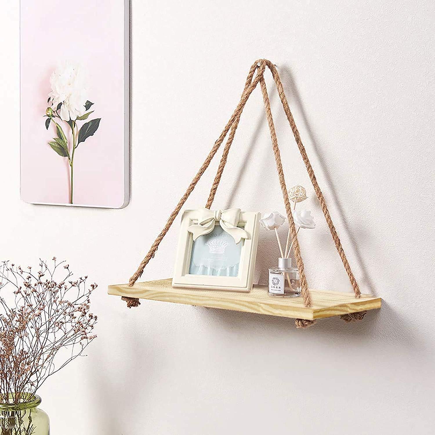 VAH Wall Hanging Shelf, 1 Real Pine Wood Floating Shelves for Wall Rustic Rope Shelves Plant Shelf Farmhouse Decor for Living Room Bathroom Bedroom Kitchen Apartment -Wood Hanging Shelf Bohemian