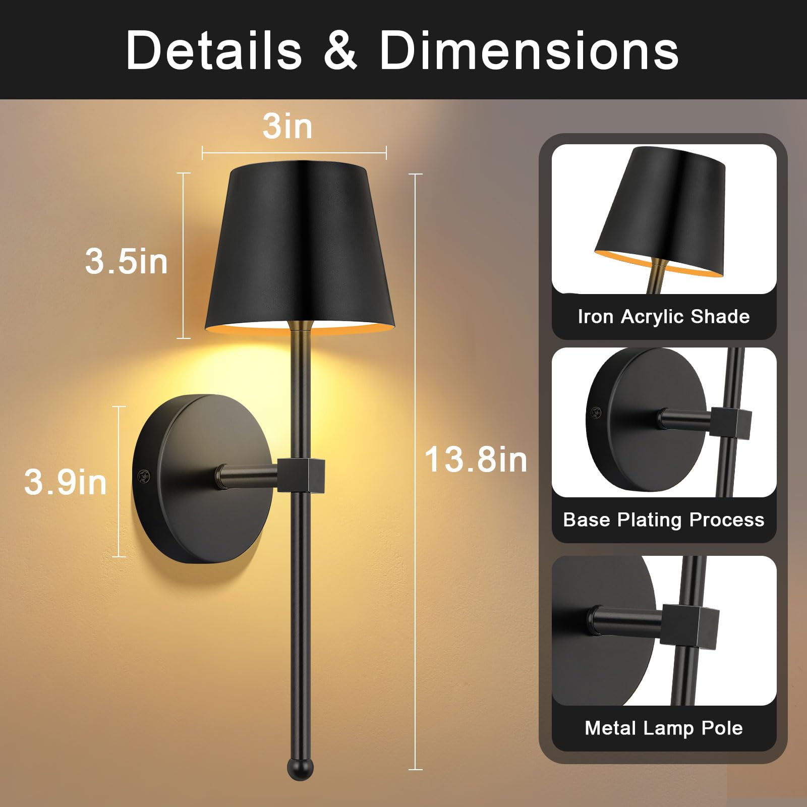 2 Stück Akku Wandleuchte Innen 5200mAh, LED Wandlampe Ohne Stromanschluss mit Fernbedienung RGB für Wohnzimmer Schlafzimmer Flur, Schwarz