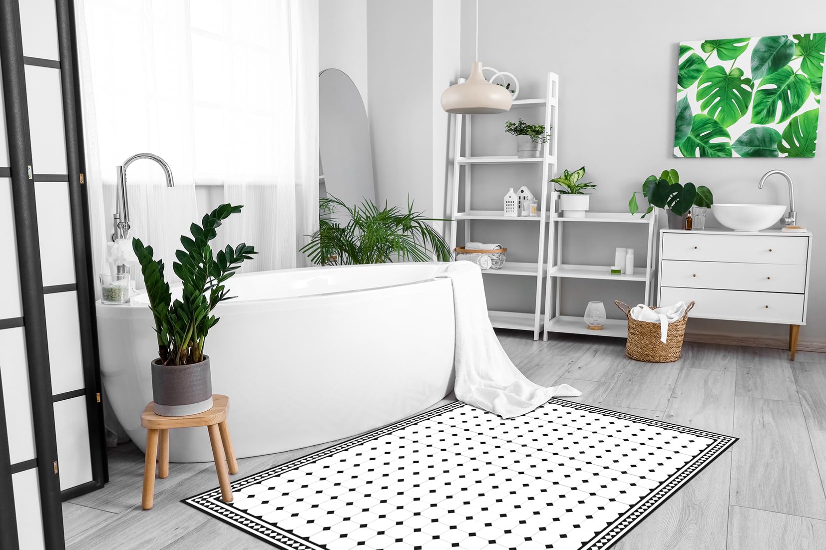 DobleUve Estudio Alfombra Vinílica Victorian | Blanco | 65x240 | Alfombra Cocina Lavable Antideslizante | Alfombra Vinilo Salón | Suelo de Vinilo