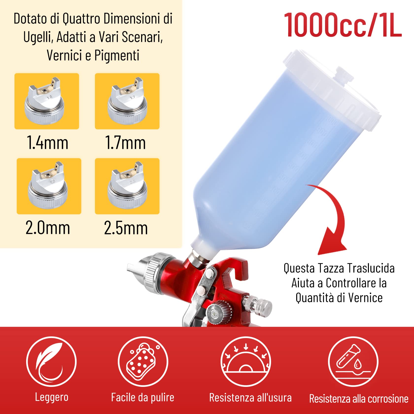 CarBole Pistola a Spruzzo HVLP con Tazza di 1000cc e 4 Ugelli 1.4/1.7/2.0/2.5mm,Pistola per Verniciare con Regolatore di Pressione dell'aria, Pistola de Pintura (Rosso)