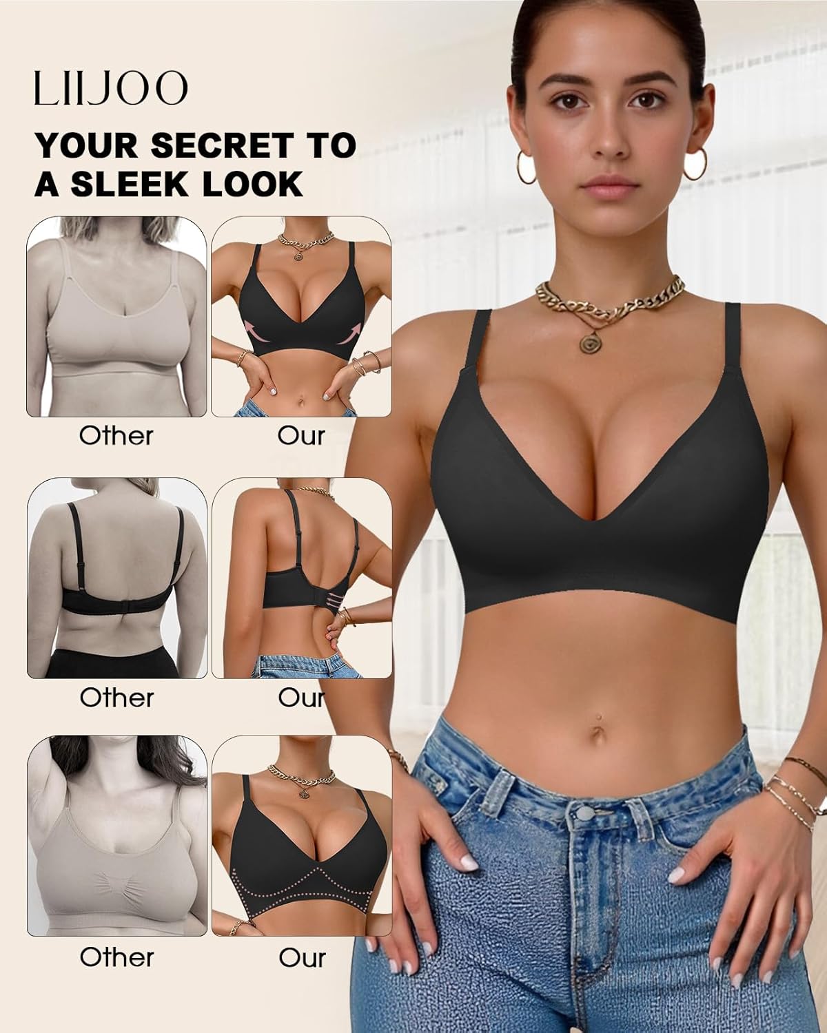 Deep V Wireless Push Up Bra for Women Seamless No Underwire Back Smoothing Everyday Comfort Bralette - Image 5