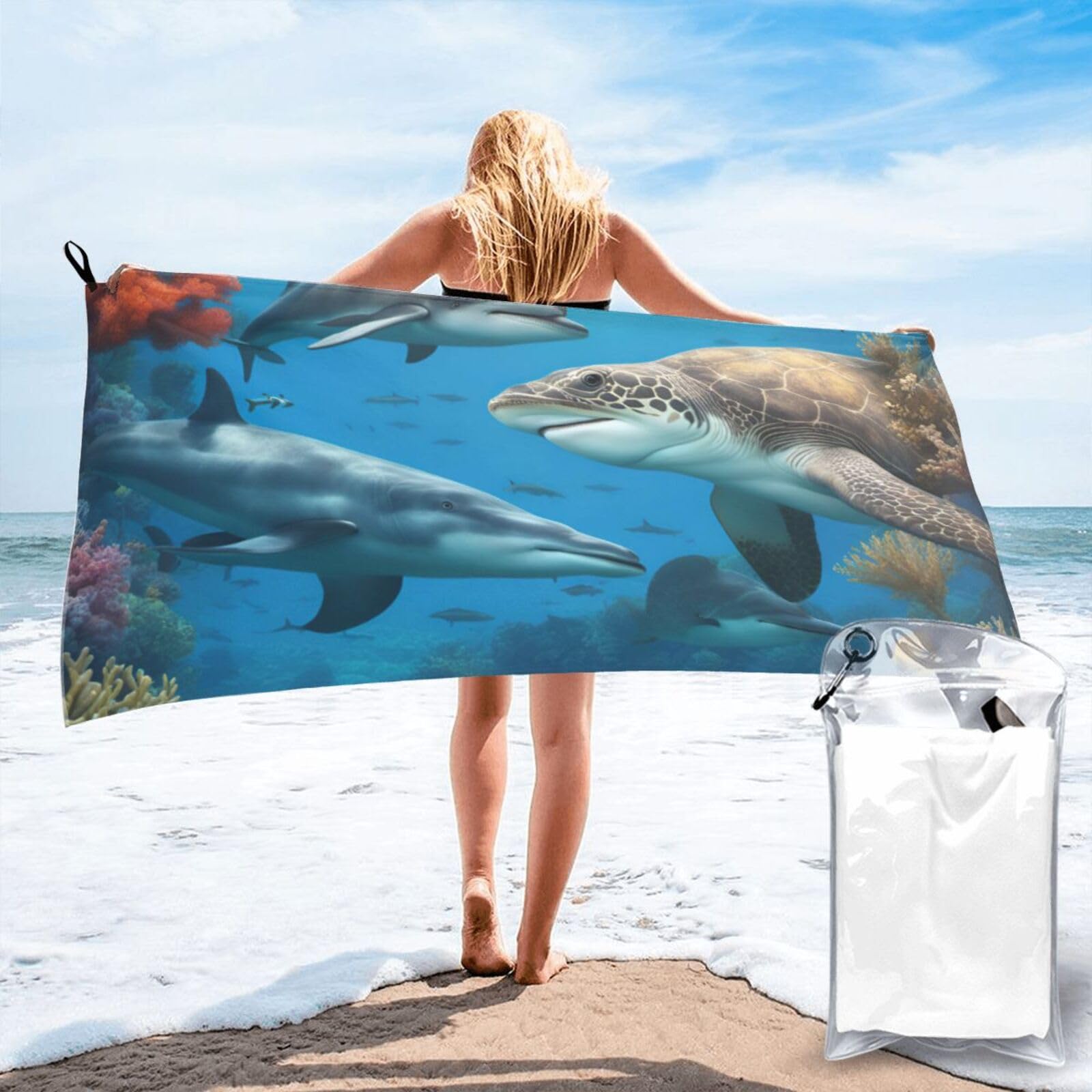AYYQWE Dolphins Sea Turtle Shark Octopus Coral Reef Print Lightweight Towel For Men Women Travel Beach Camping Hiking Yoga Swimming Sports