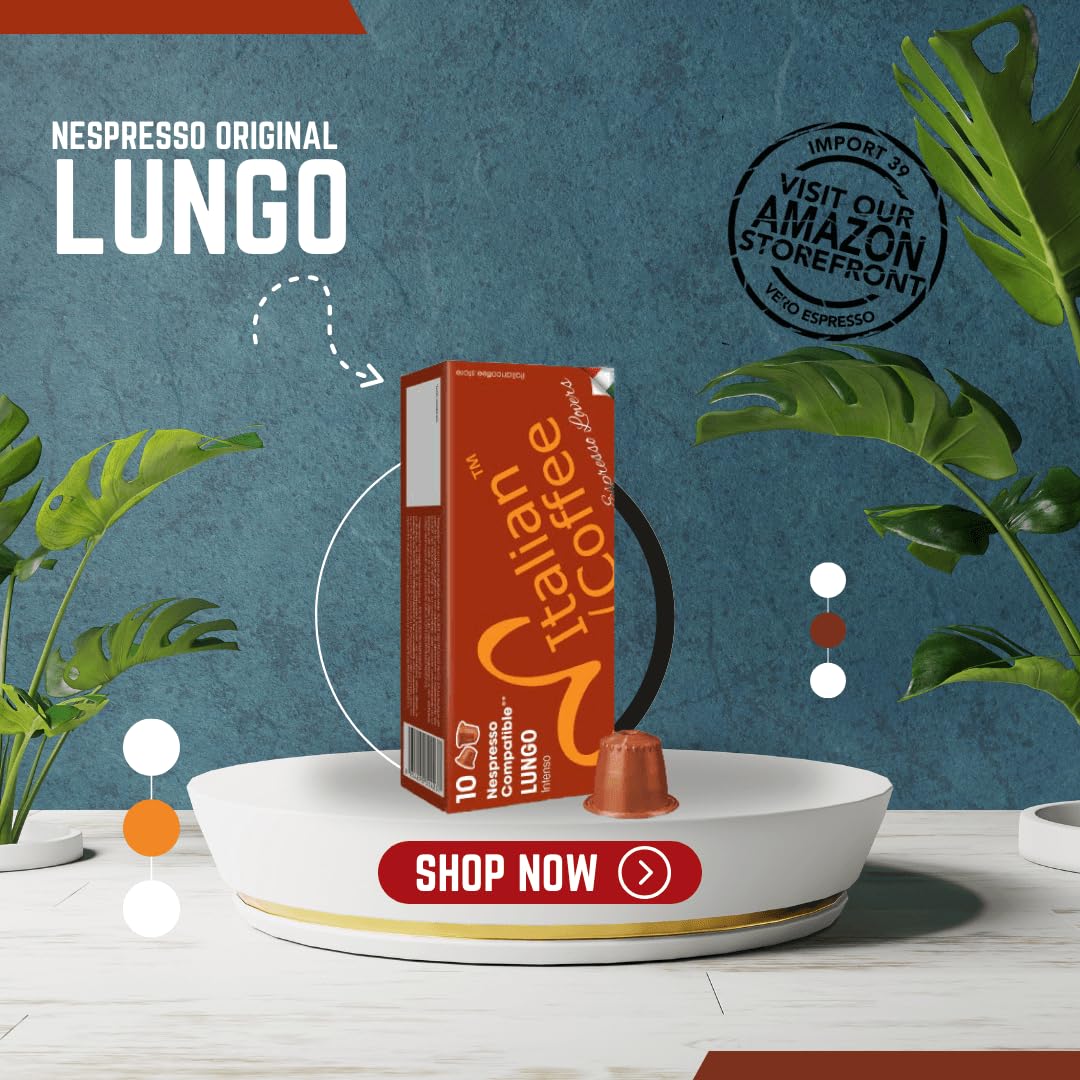 Italian Coffee for Espresso Lovers capsules compatible with Nespresso Original Line machines, Regular pods (100 Count (Pack of 1), Lungo Regular)