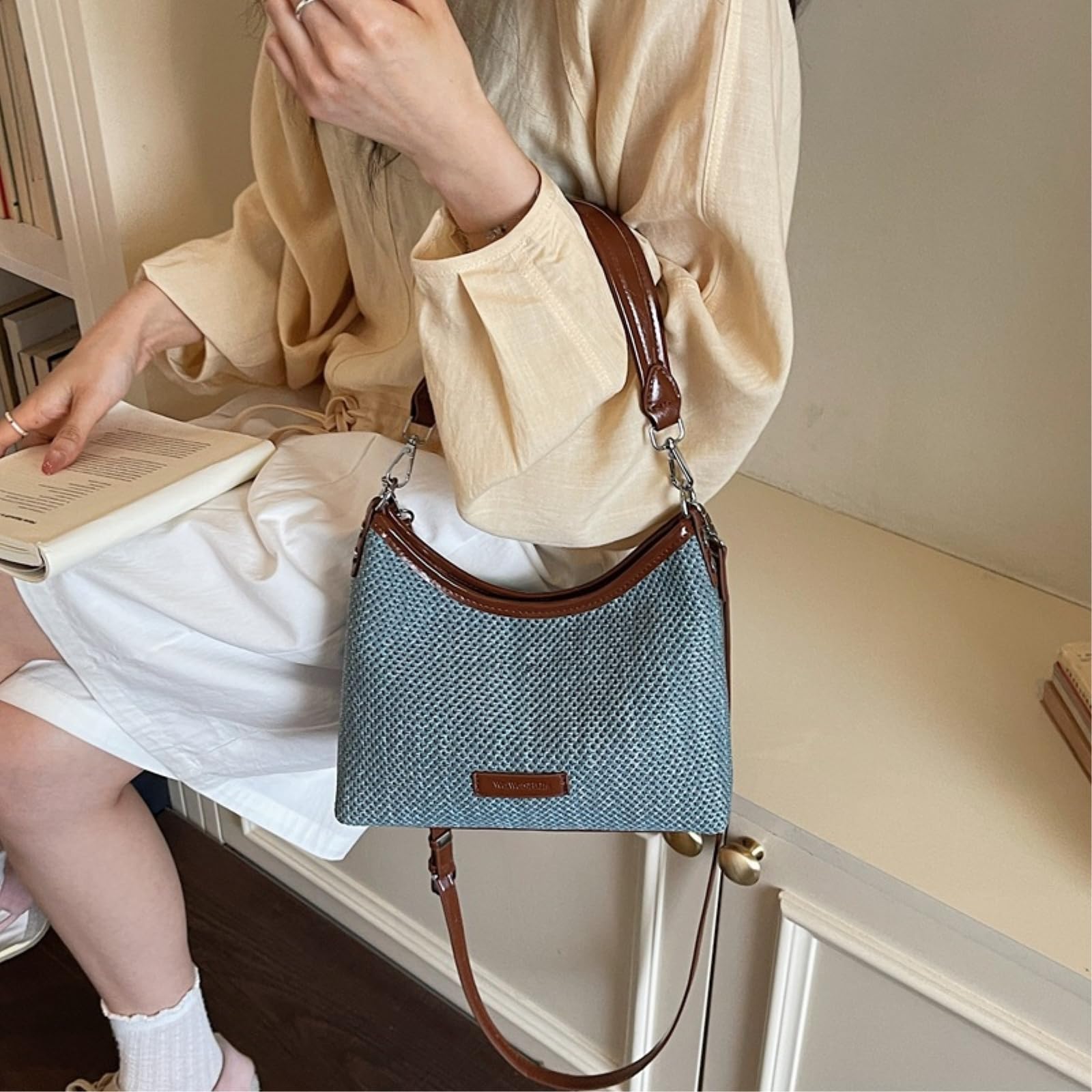 Borsa Tracolla di Paglia Tessuta Estate Donna A Spalla Vacanza Tempo Libero Diagonale-25 X 9 20 Cm-Blue