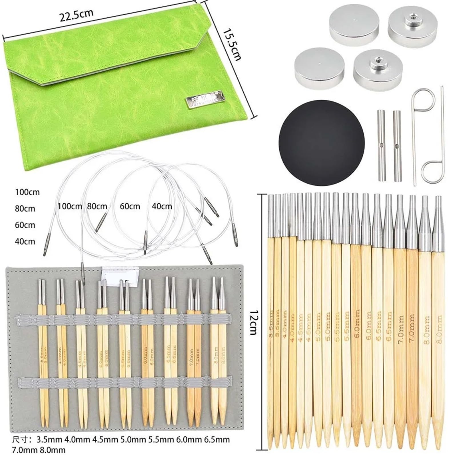 Juego de agujas circulares de bambú intercambiables, 12 cm de largo, 3,5-8,0 mm, herramienta de aguja circular cuadrada con accesorios