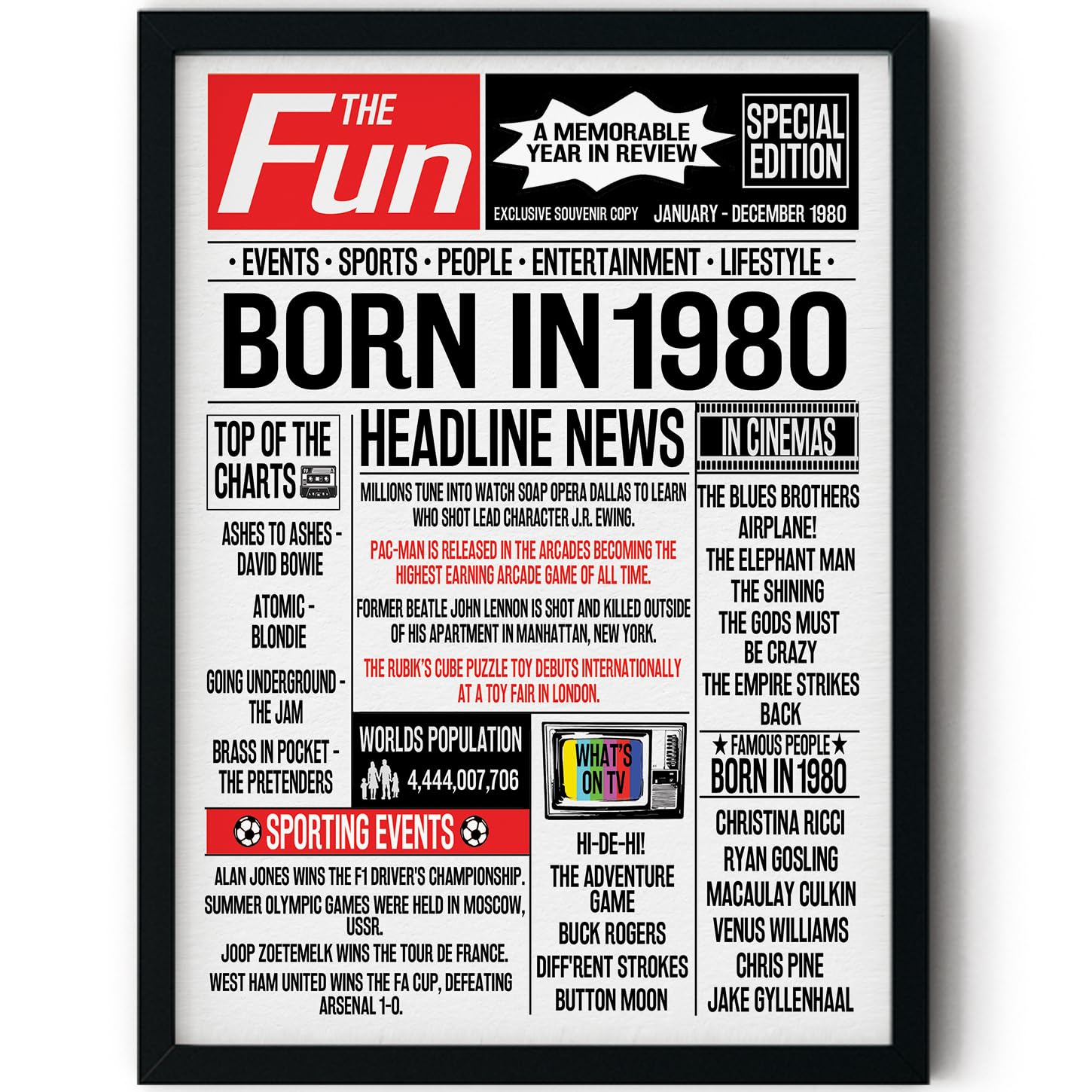 Stuff4 46th Birthday Poster Framed, Born In 1980 Newspaper