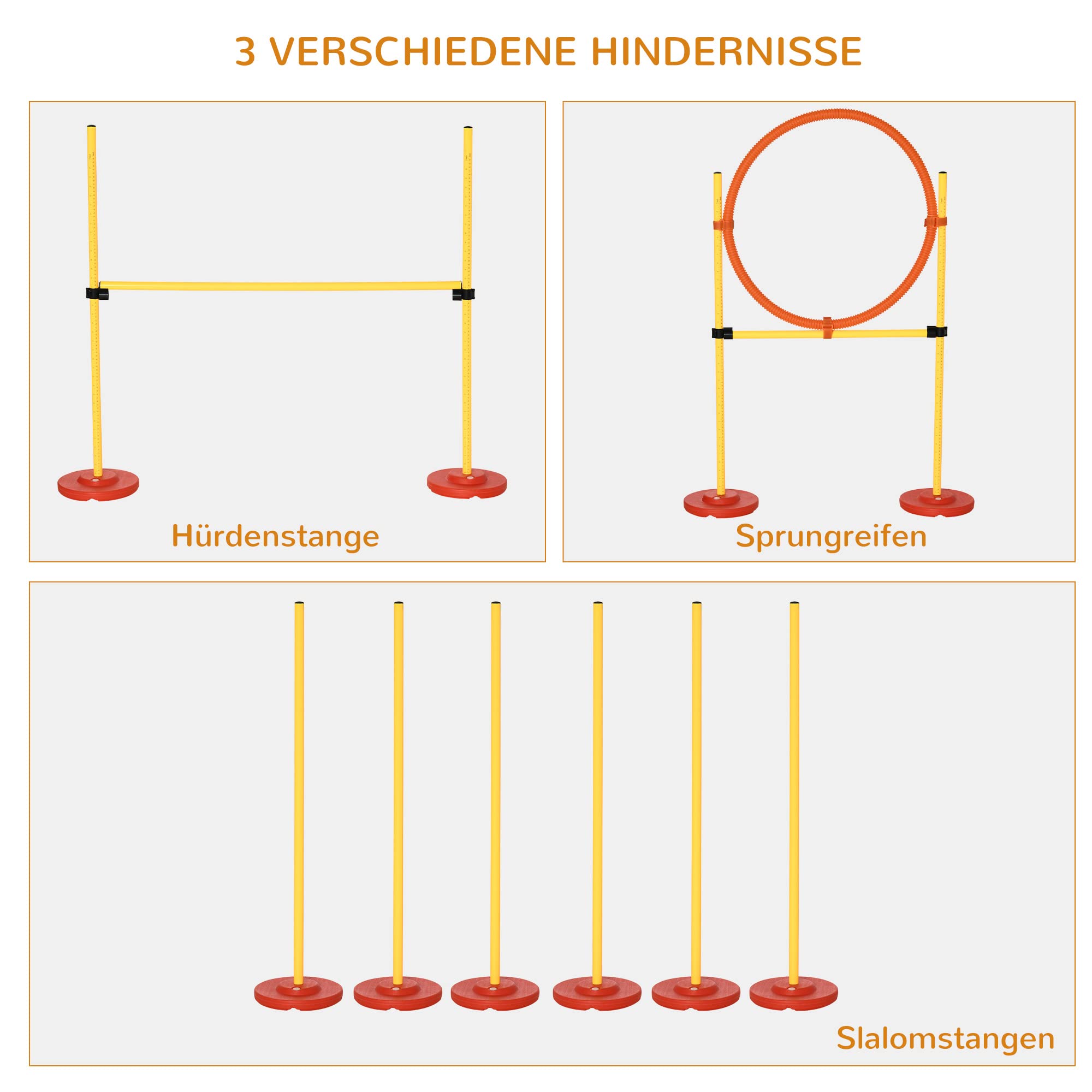 PawHut Agility Set Hunde 3-Teiliges Agility-Ausrüstung für Hundetraining | Steckhürdenset, 6 Slalomstangen, Höhenverstellbare Hürden, Sprungreifen, Tragetasche, Spiele, Training