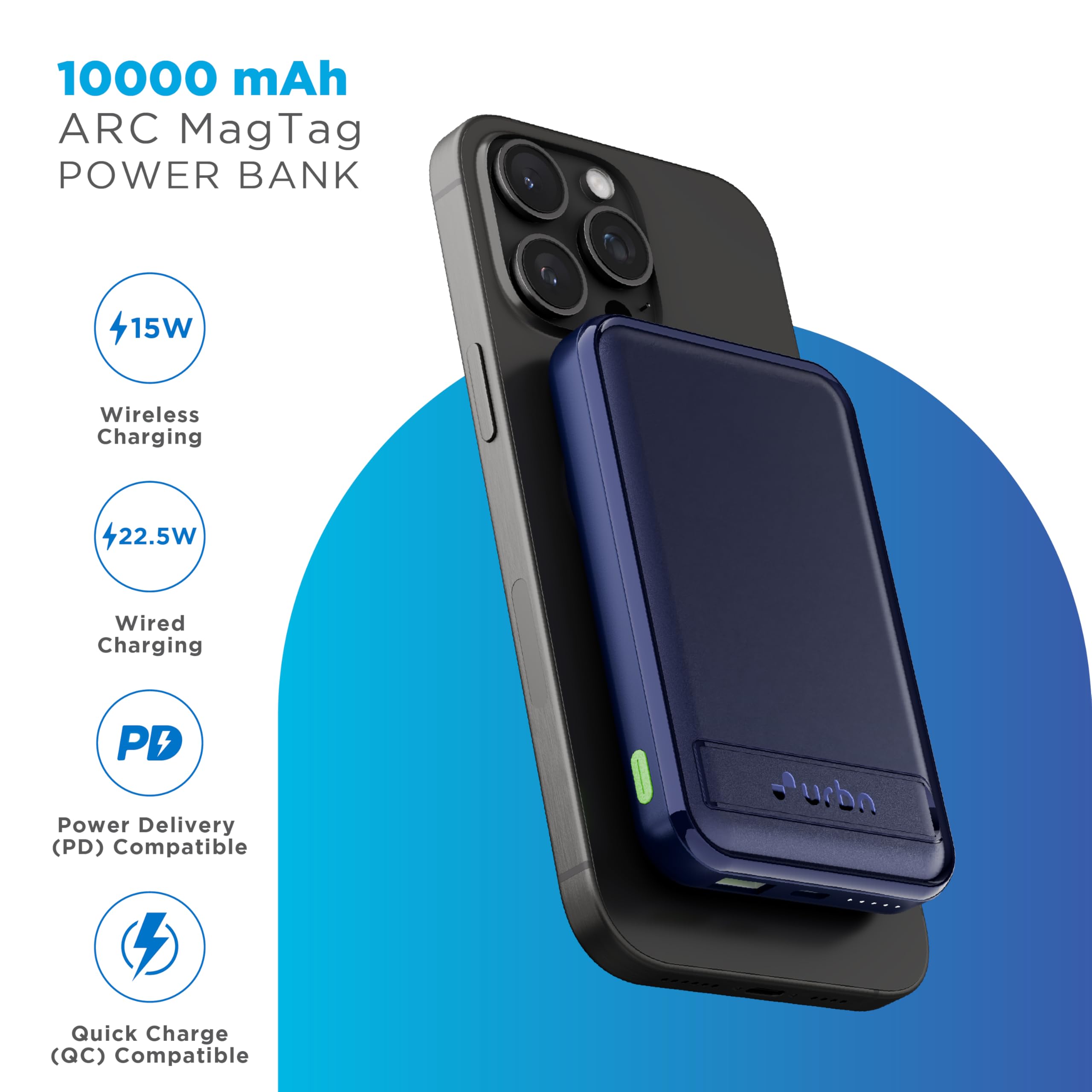 URBN Wireless Power Bank for iPhone, 10000mAh MagSafe Charging with Stand, 22.5W QC+PD Output, Strong Magnetic, for iPhone 12 & Above, Android & Other Qi Enabled Devices (Blue) — Amazon image 2