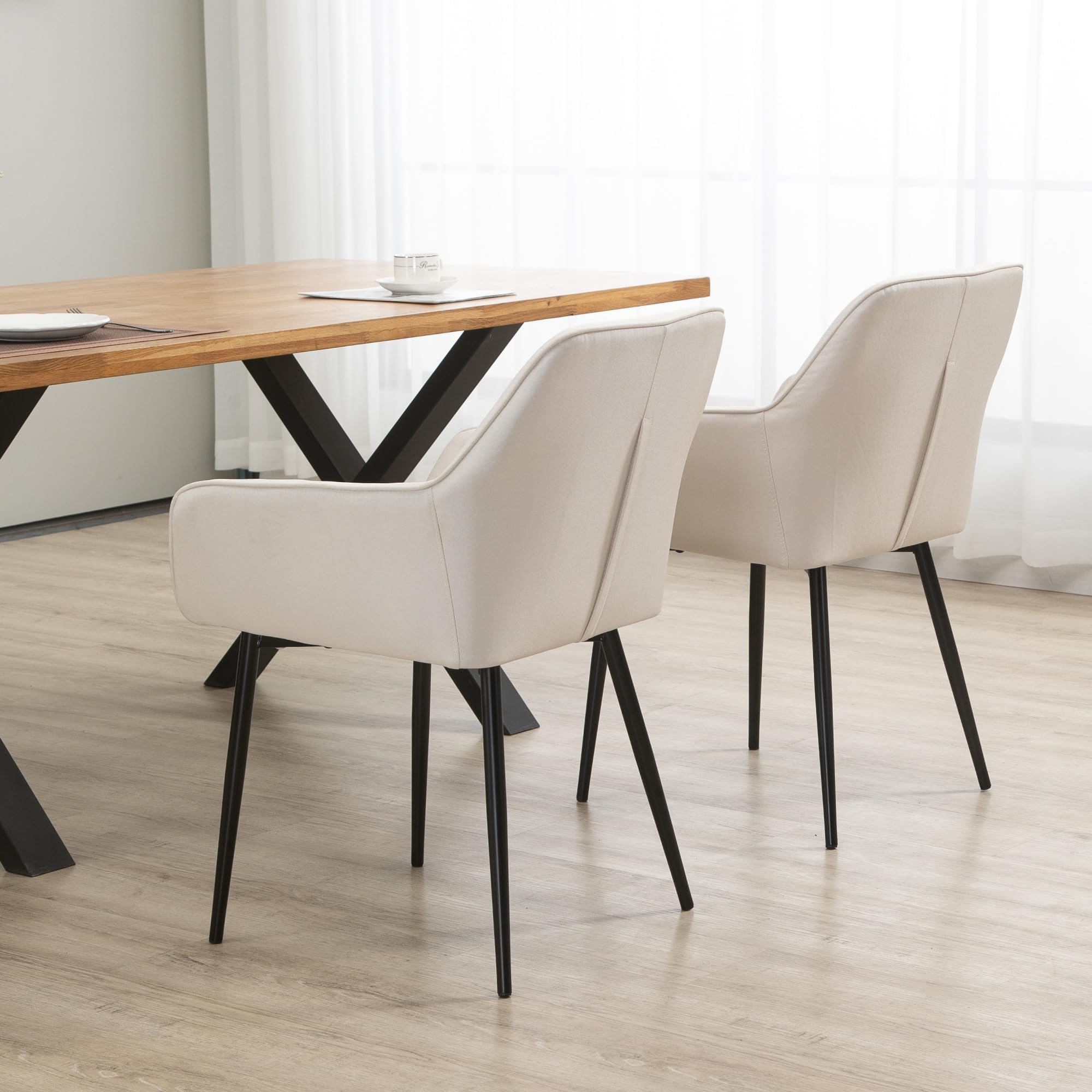 HOMCOM Pack de 2 Sillas de Comedor con Asiento Acolchado Beige | Sillas de Cocina Modernas, Tapizado, Respaldo Curvo, Reposabrazos, Patas de Metal, para Salón