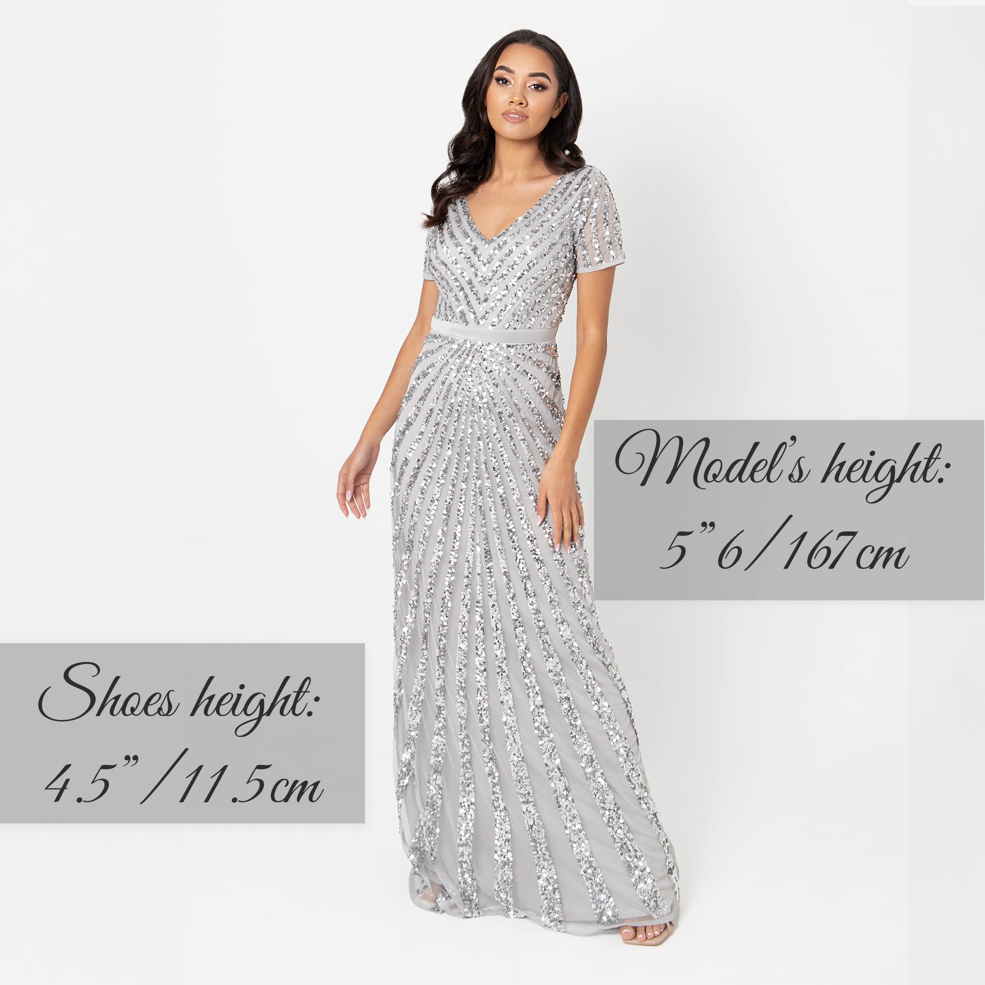 Maya Deluxe Damska sukienka maxi, damska, z wyszywanymi cekinami, z długim rękawem, dekolt w serek, wysoka talia, krój A, błyszcząca, na studniówkę, wesele, dla druhny, szary, 48