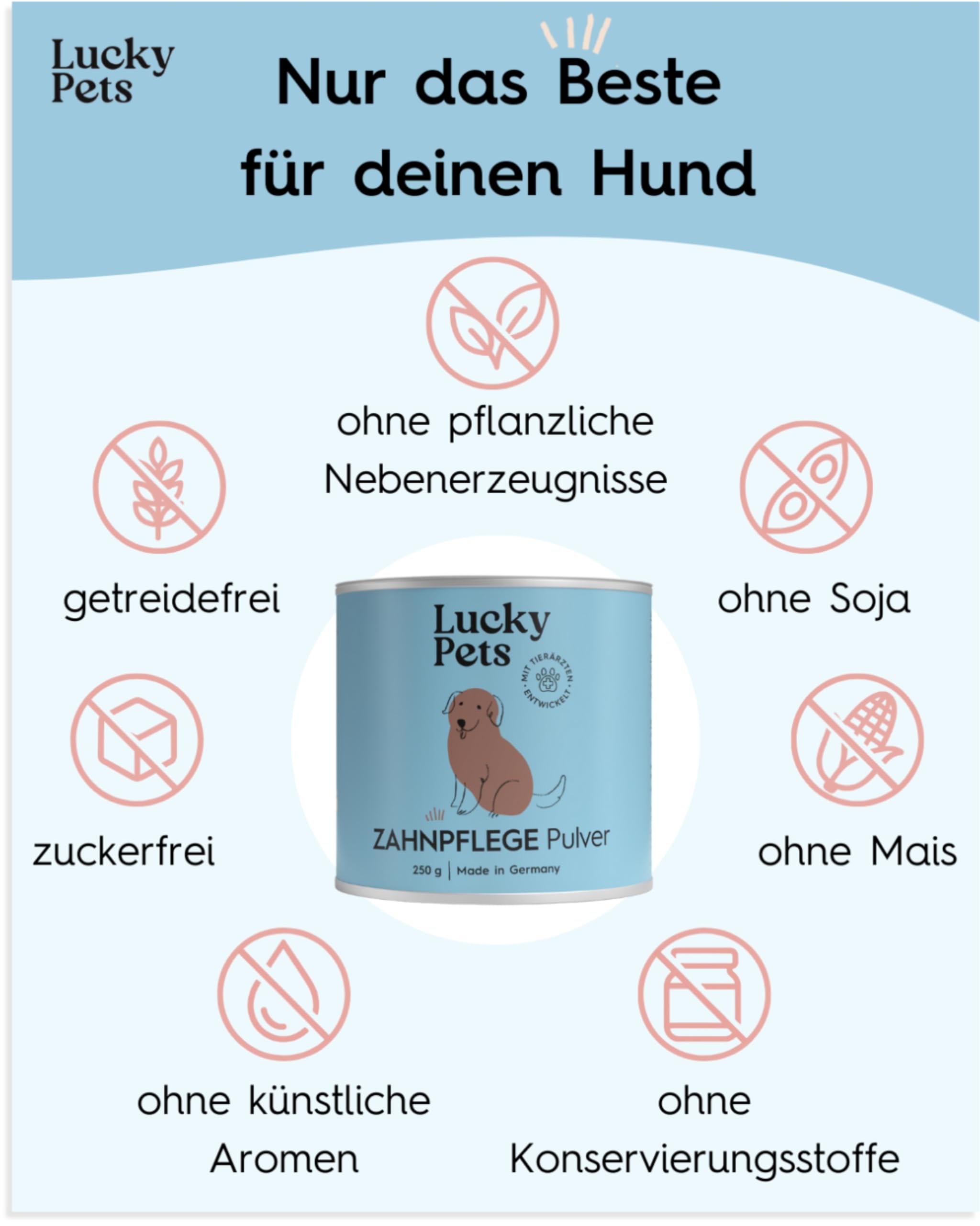 Zahnpflege Pulver für Hunde 250 g – Hunde Zahnsteinentferner und Mundgeruch-Stopper – 100% natürliche Zahnreinigung ohne Zahnbürste – Made in Germany – Zahnpflege Hund